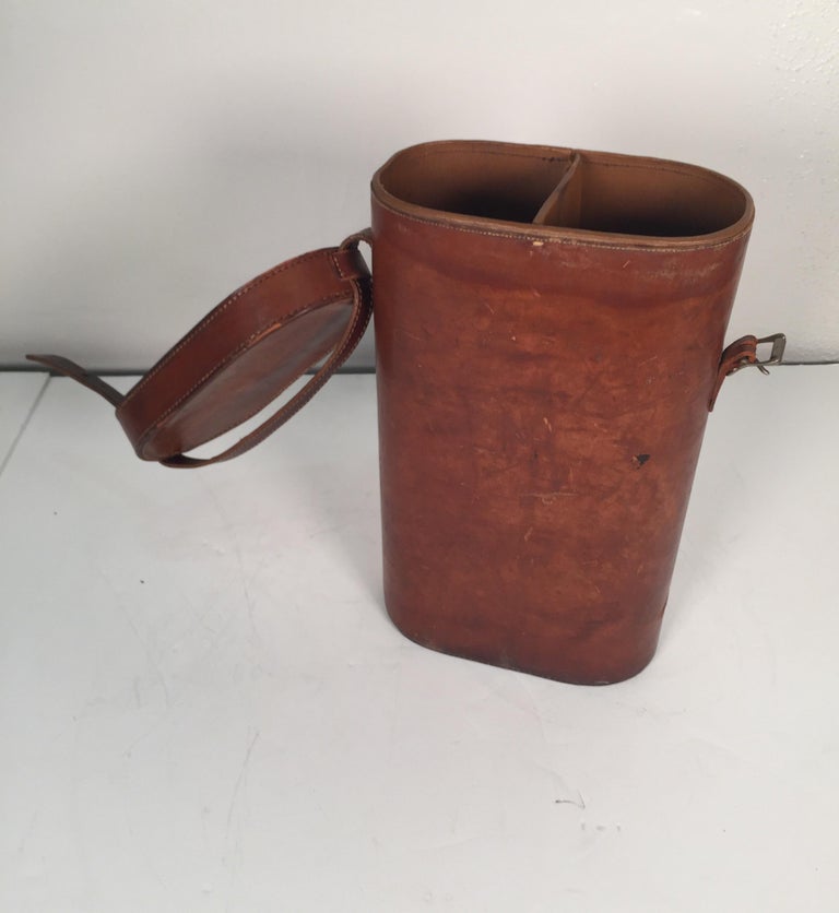 Vintage Leather Two Bottle Wine Carrier, circa 1940s1950s For Sale at