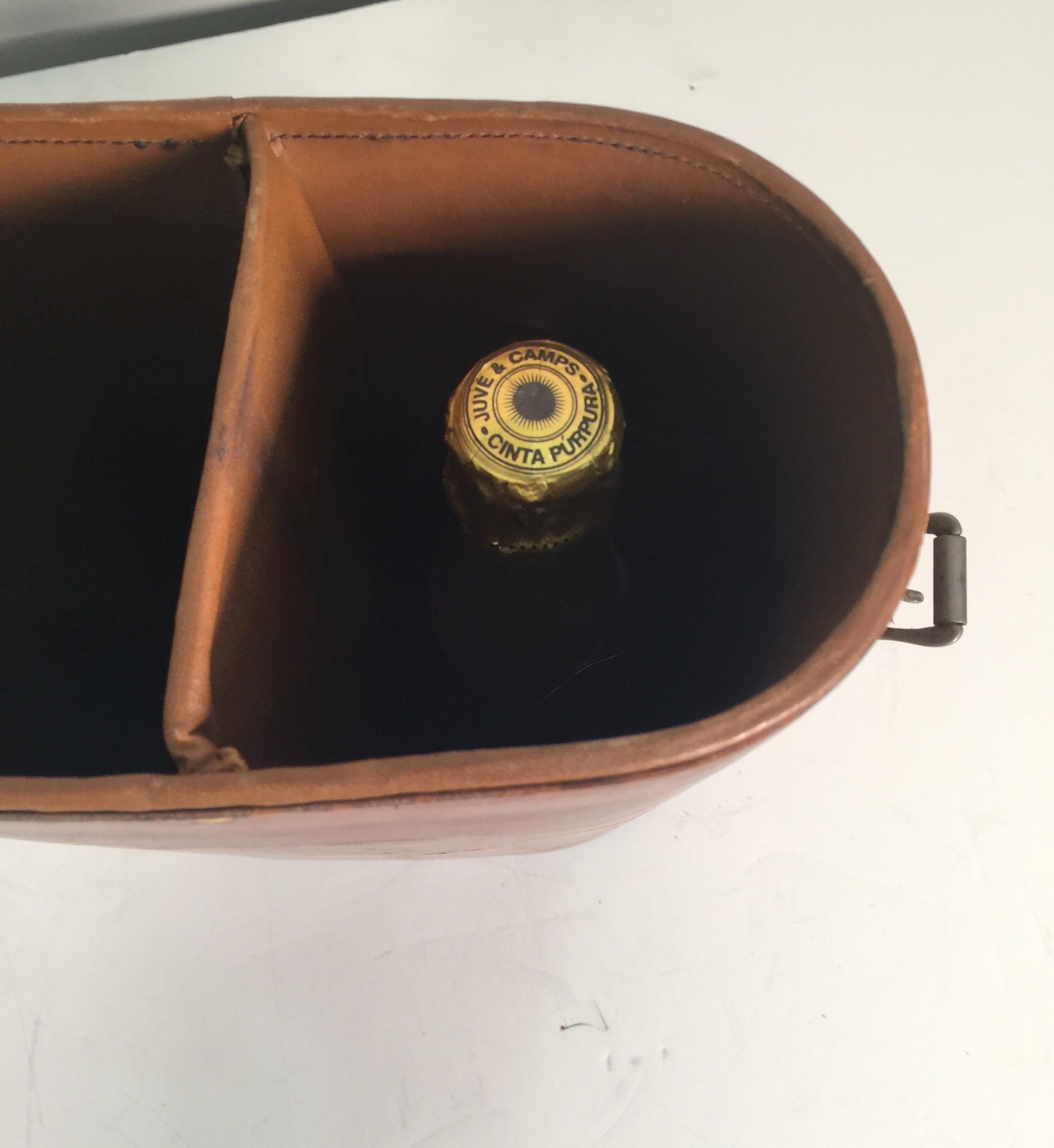 Vintage Leather Two Bottle Wine Carrier, circa 1940s-1950s 1