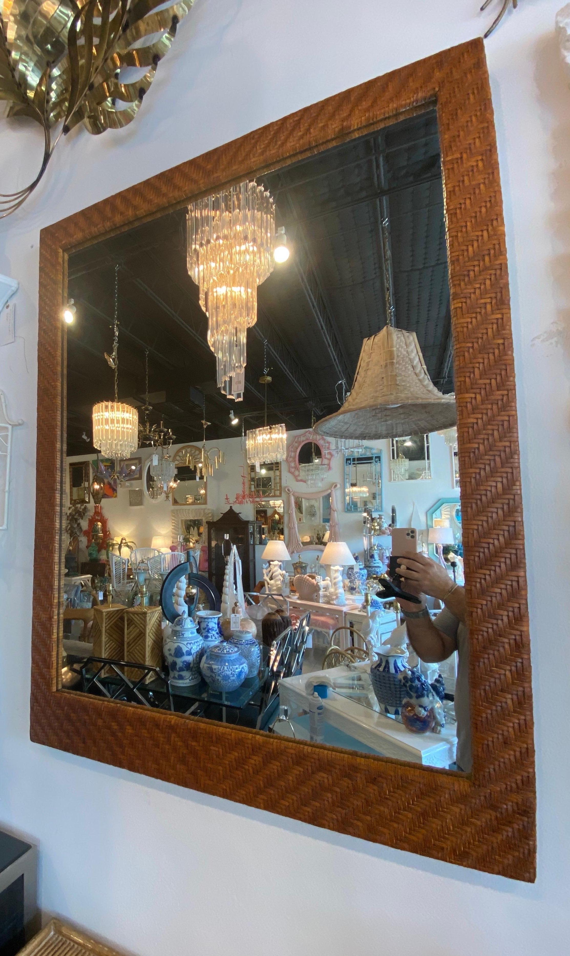 Hollywood Regency Vintage Leather Weaved Wicker Style Wall Mirror