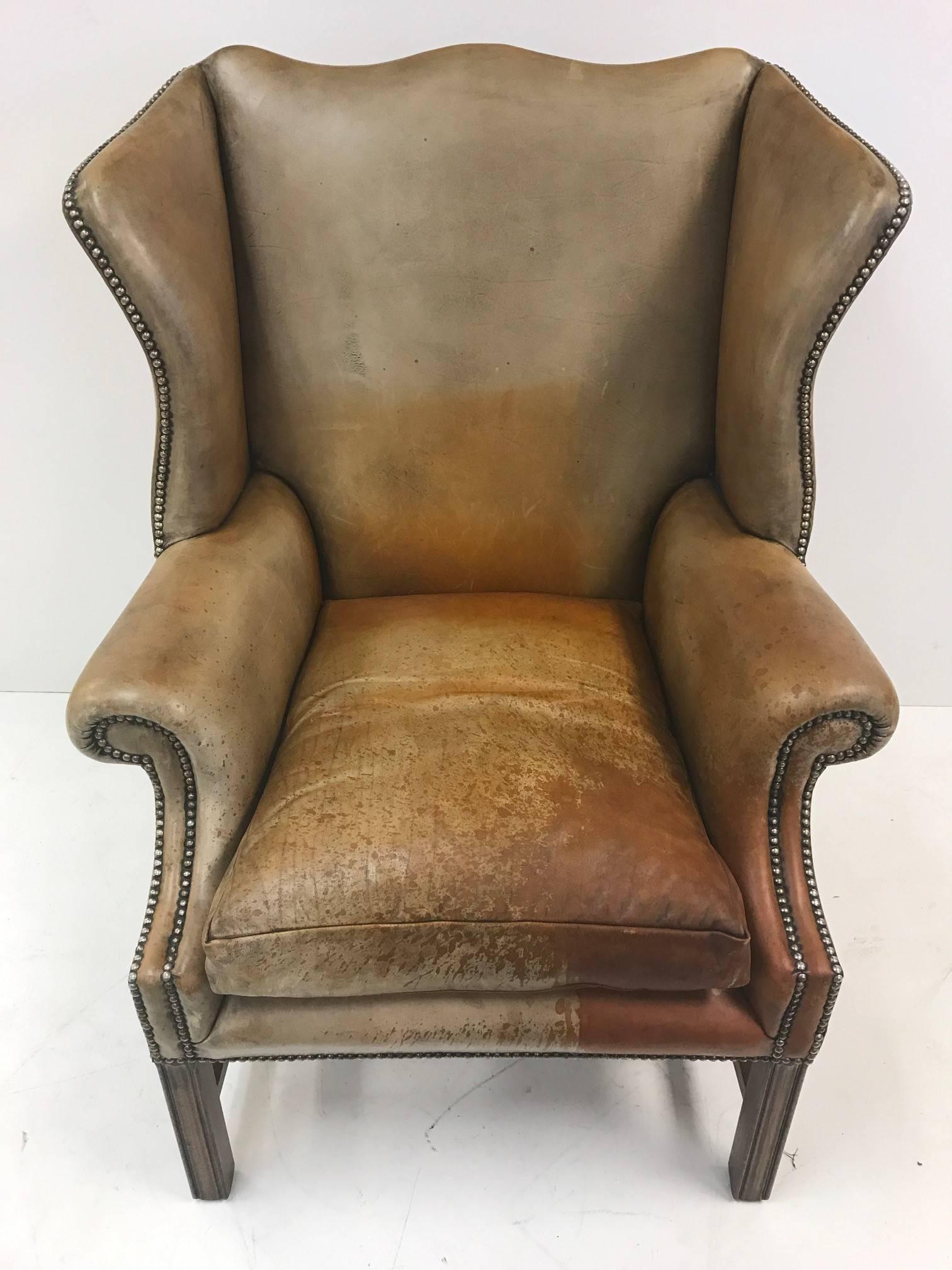 Vintage Leather Wingback Chair In Good Condition In New York, NY