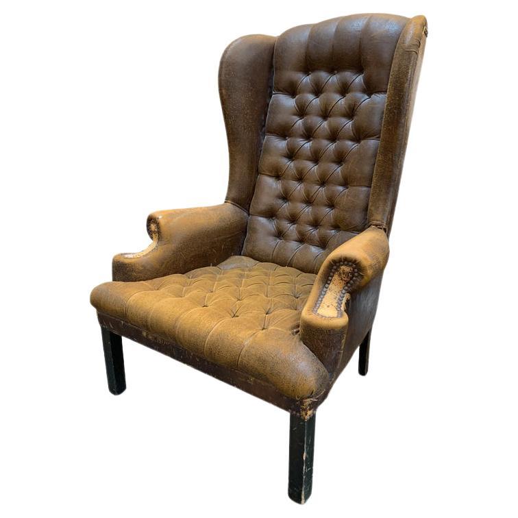 Vintage Leather Wingback Chair For Sale