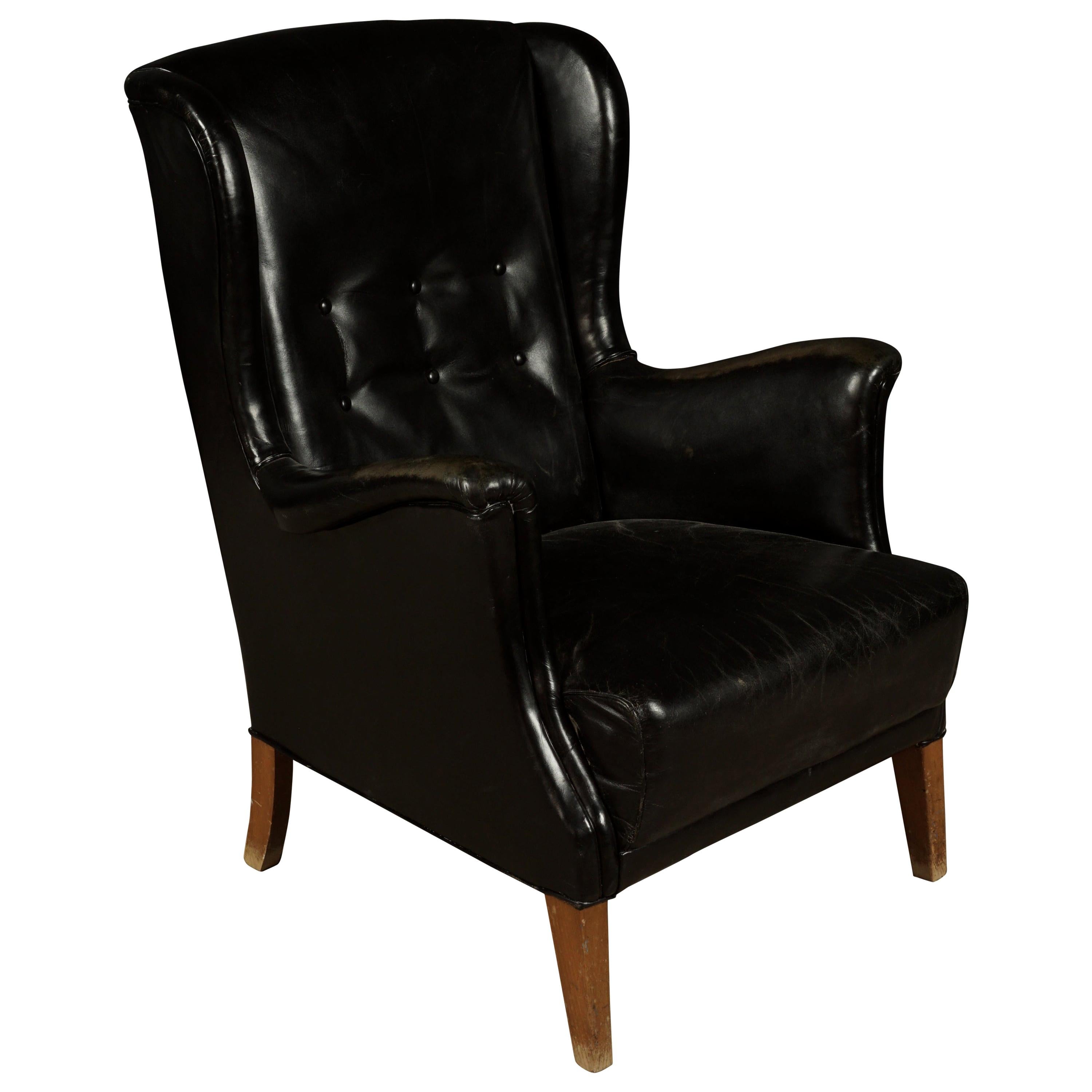 Vintage Leather Wingback Chair from Denmark, 1940s at 1stDibs