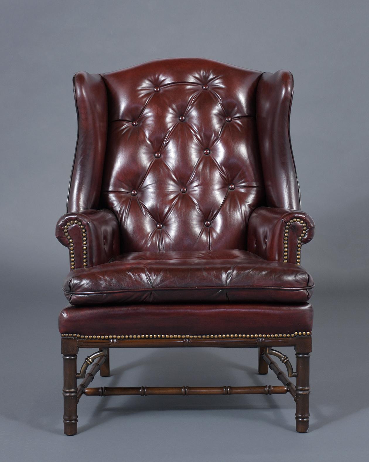 Polished Vintage Leather Wingback Chair with Ottoman