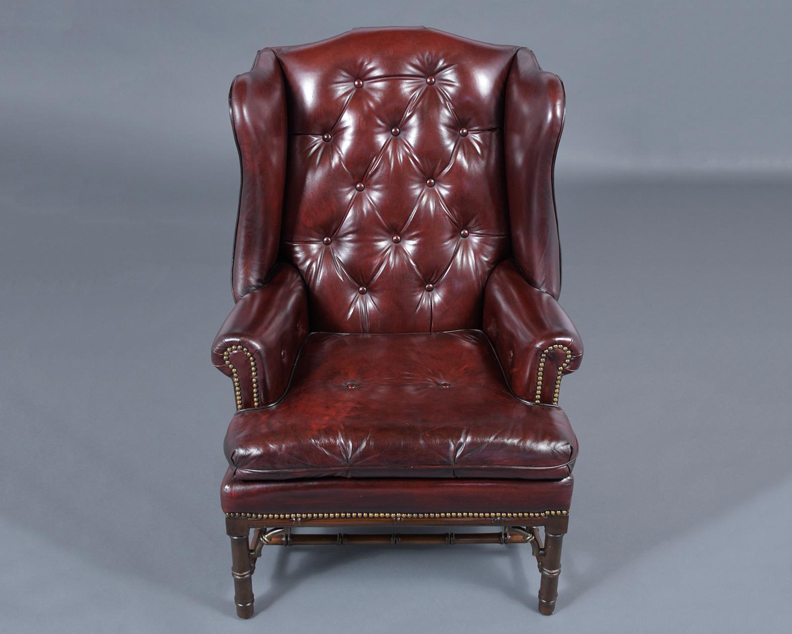 Vintage Leather Wingback Chair with Ottoman In Good Condition In Los Angeles, CA
