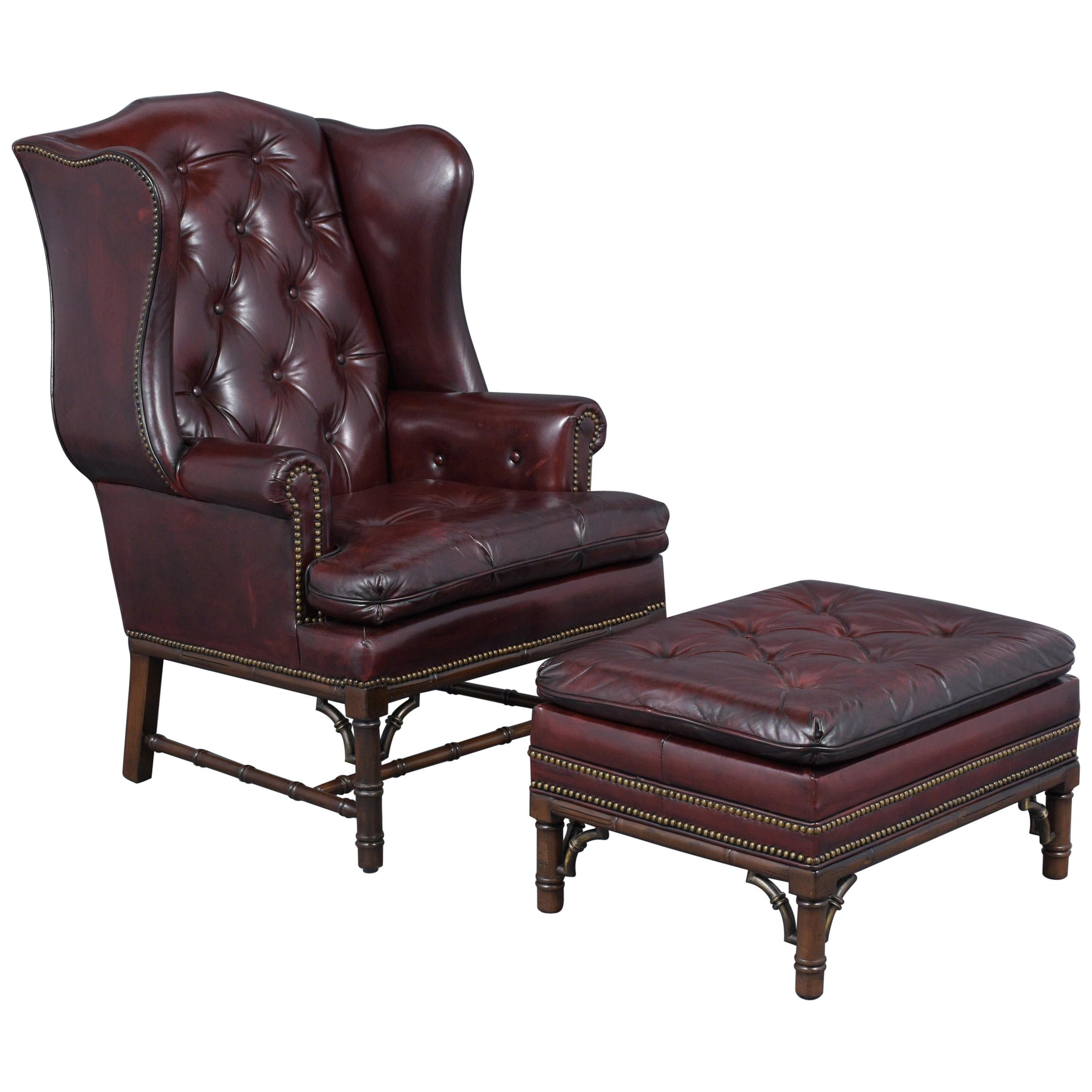 Vintage Leather Wingback Chair with Ottoman