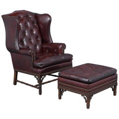 Vintage Leather Wingback Chair with Ottoman