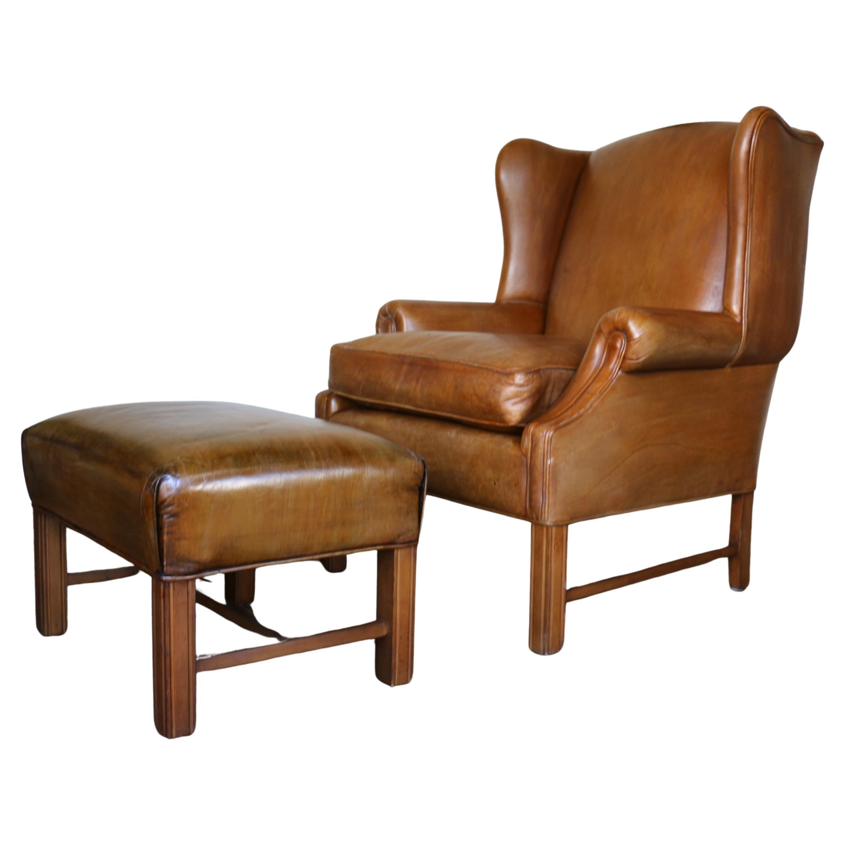 Sedia da salotto con schienale in pelle vintage e ottomana, anni
70