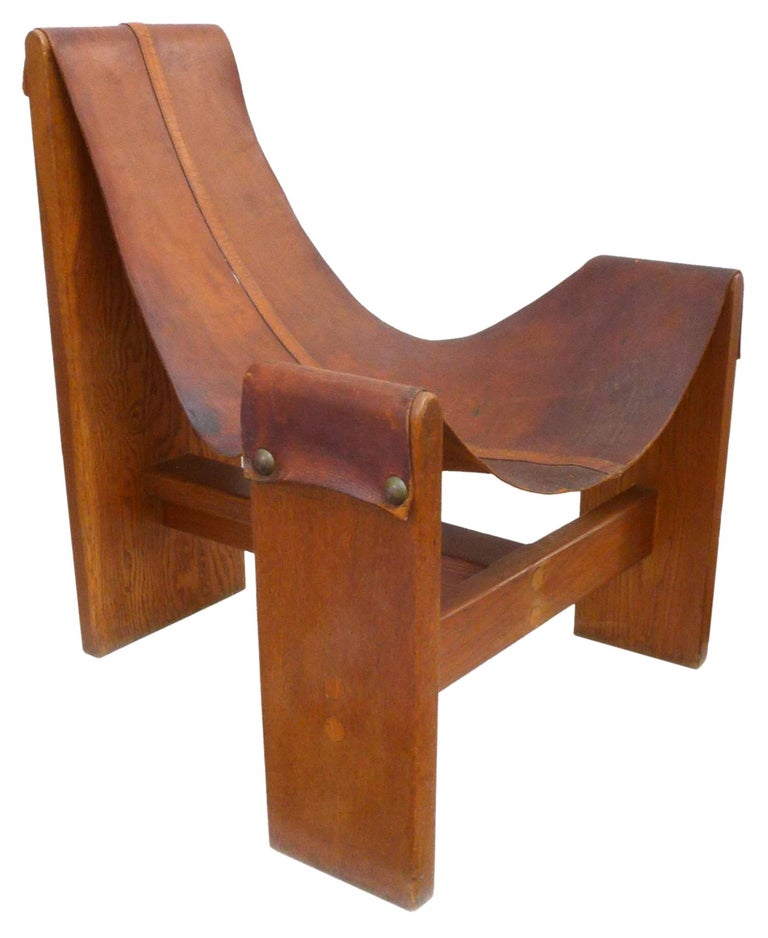 Vintage Leather Wood And Brass Sling Chair For Sale At 1stdibs