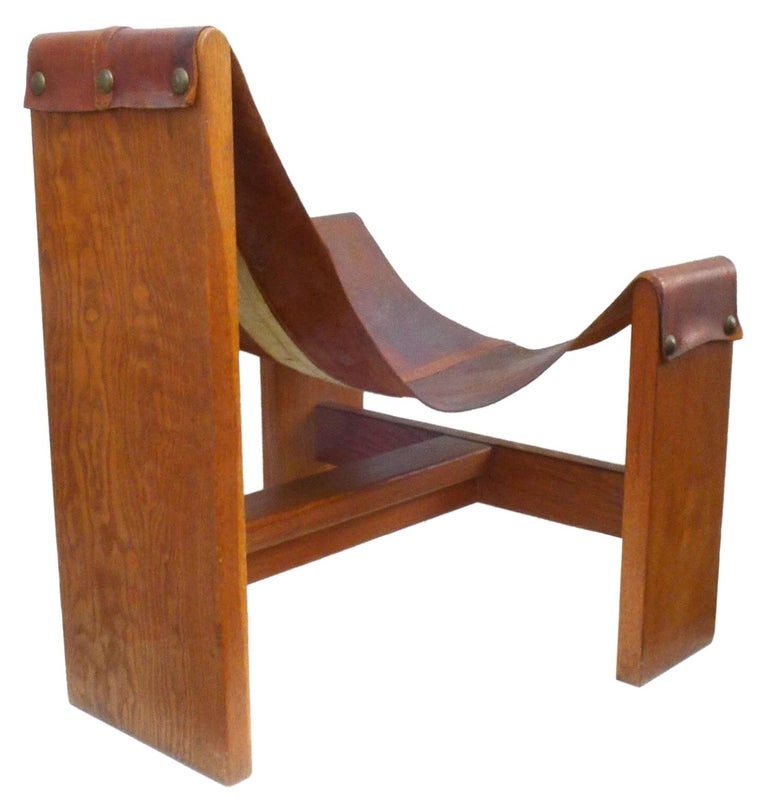 Vintage Leather, Wood and Brass Sling Chair For Sale at 1stDibs