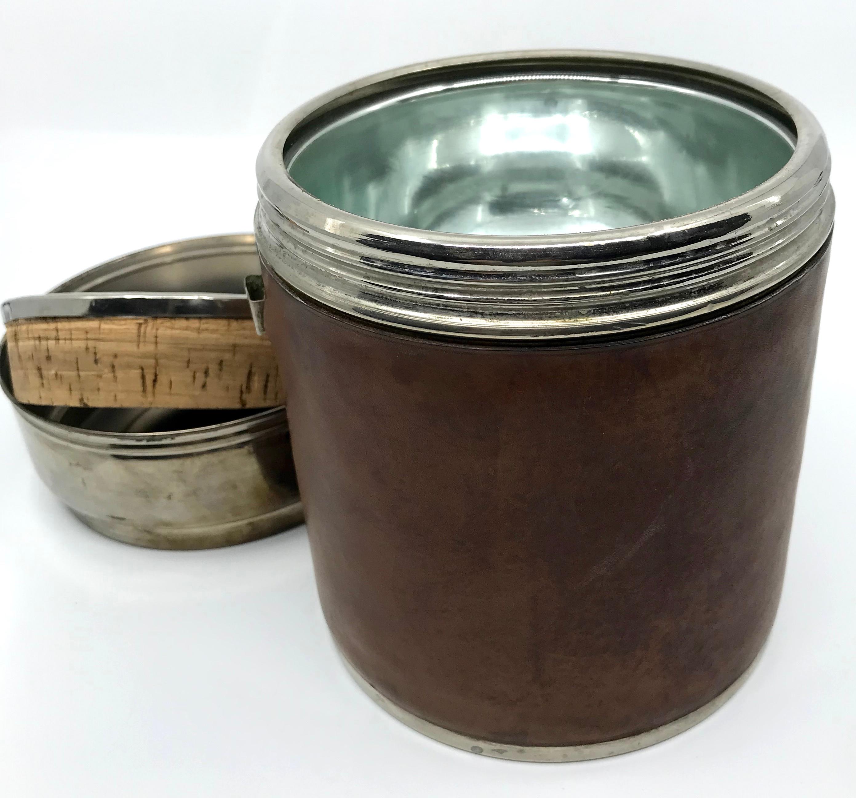 Mid-Century Modern Vintage Leather Wrapped Ice Bucket For Sale