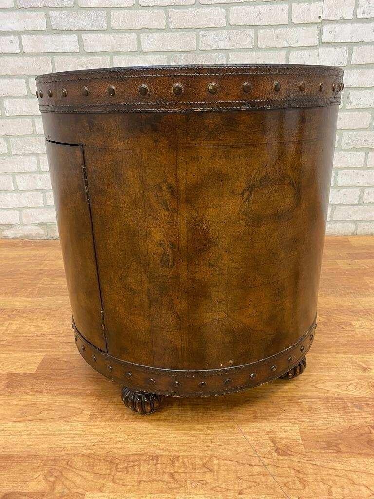 American Vintage Leather Wrapped Old World Map Storage Side Table