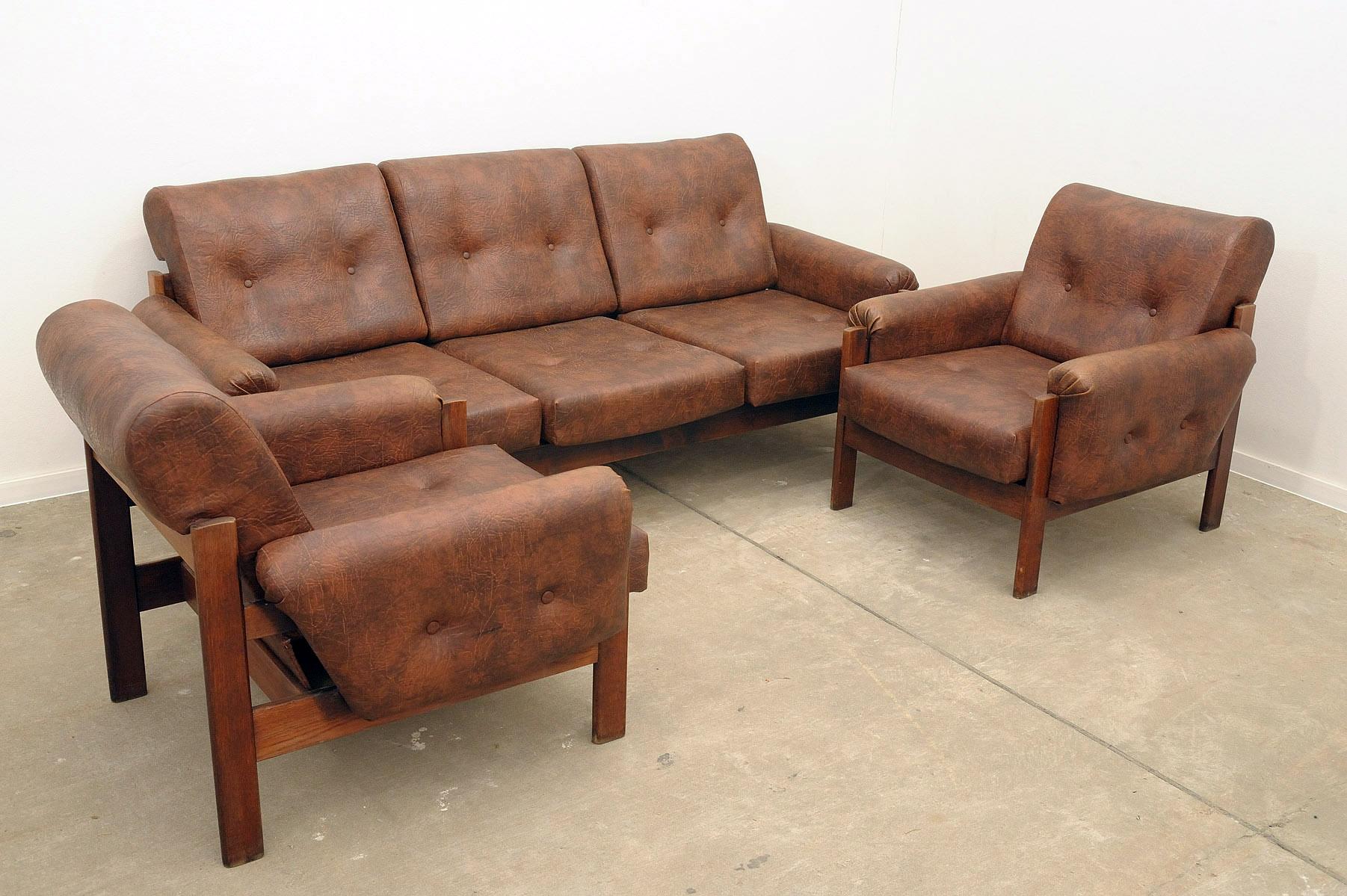 Faux Leather Vintage leatherette living room set, 1970´s, Czechoslovakia For Sale
