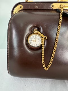 Vintage Lederer Structured Brown Leather Handbag with a Watch & Gold Hardware