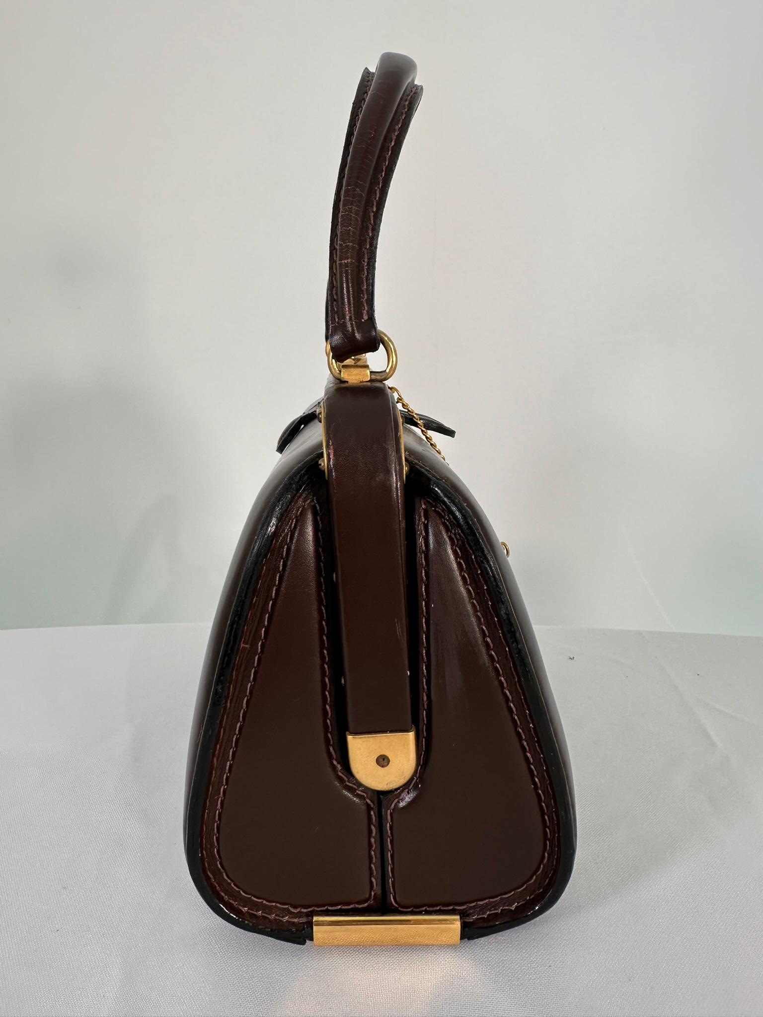 Bolso Vintage Lederer de Cuero Marrón Estructurado con Reloj y Herrajes Dorados Negro