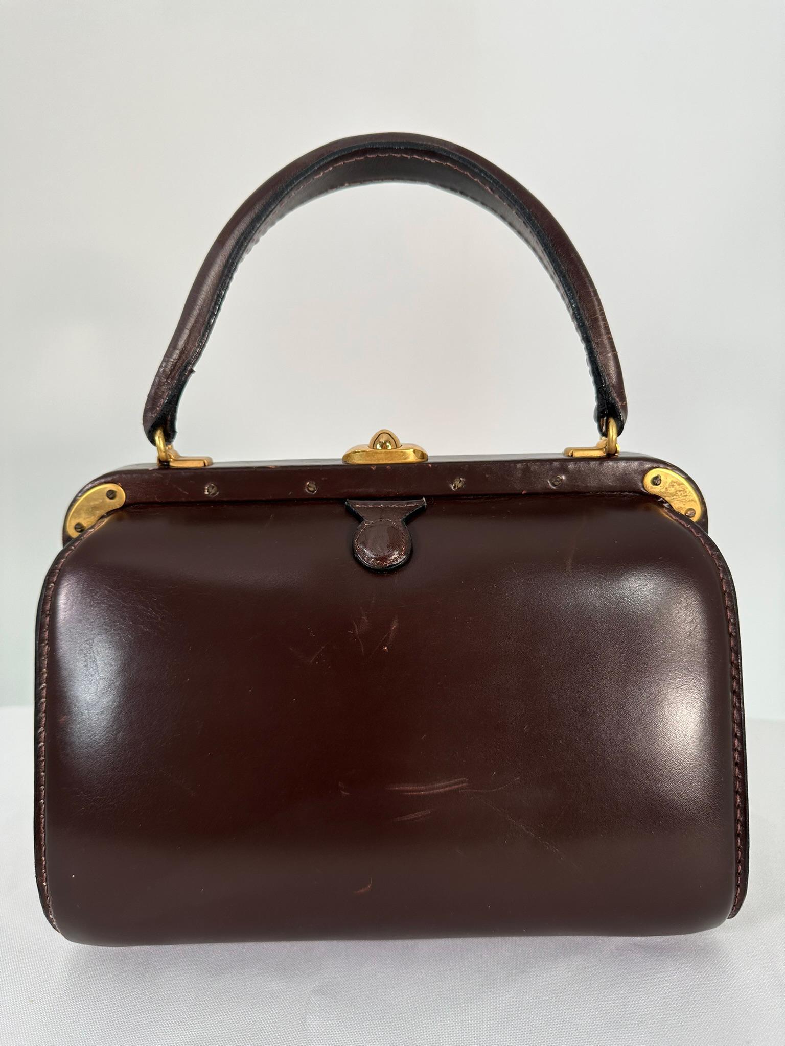 Femenino o masculino Bolso Vintage Lederer de Cuero Marrón Estructurado con Reloj y Herrajes Dorados