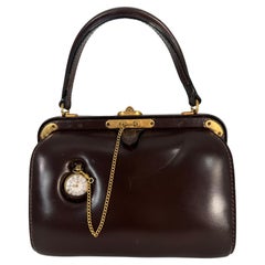 Vintage Lederer Structured Brown Leather Handbag with a Watch & Gold Hardware