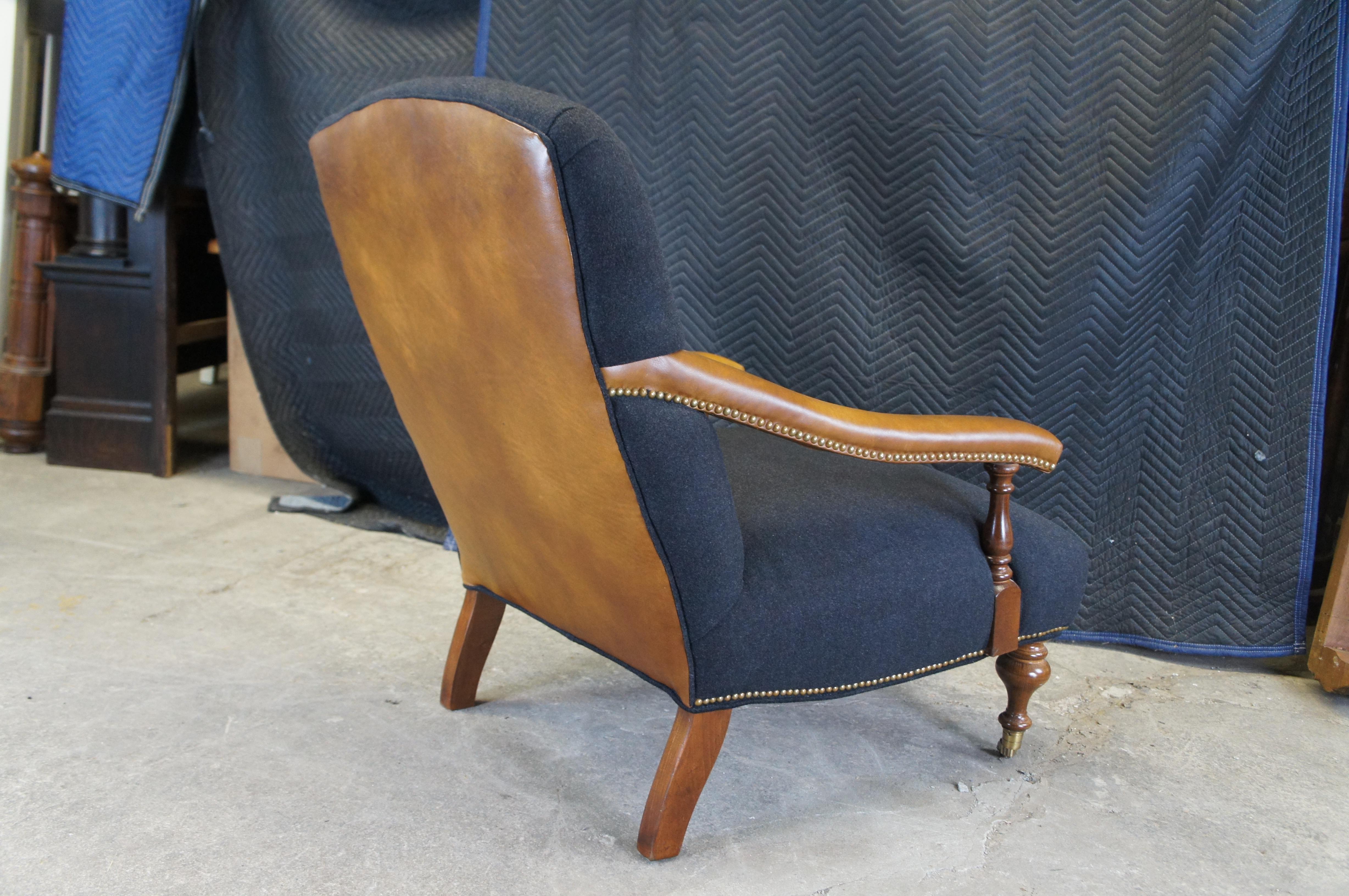 Vintage Lee Industries Leather Flannel Club Library Lounge Fireside Armchair  8