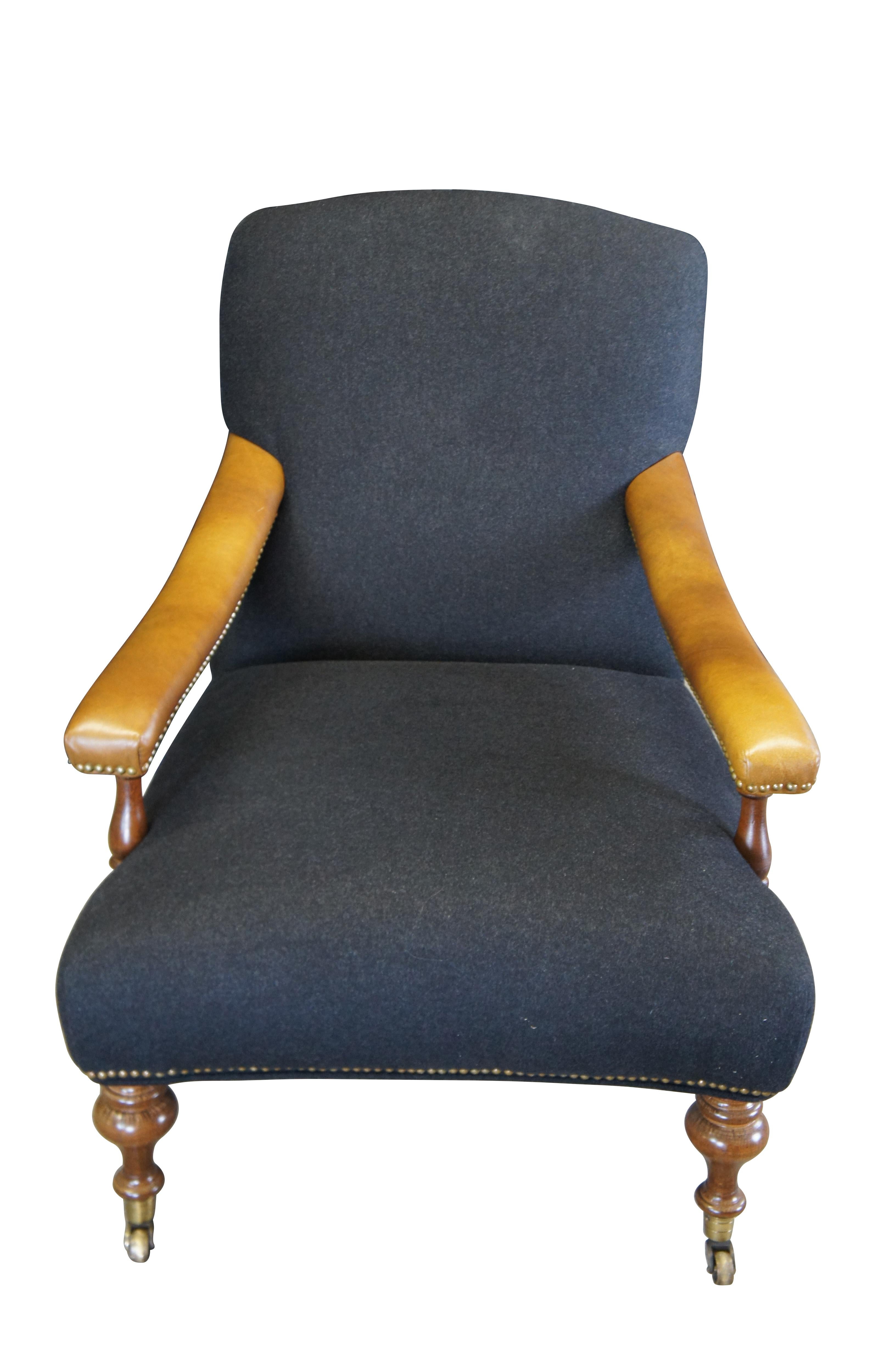 Vintage Lee Industries club / library / lounge / fireside arm chair featuring leather and a blue-grey Ralph Lauren flannel fabric with nailhead trim and turned walnut frame.  #1542

Dimensions:
29