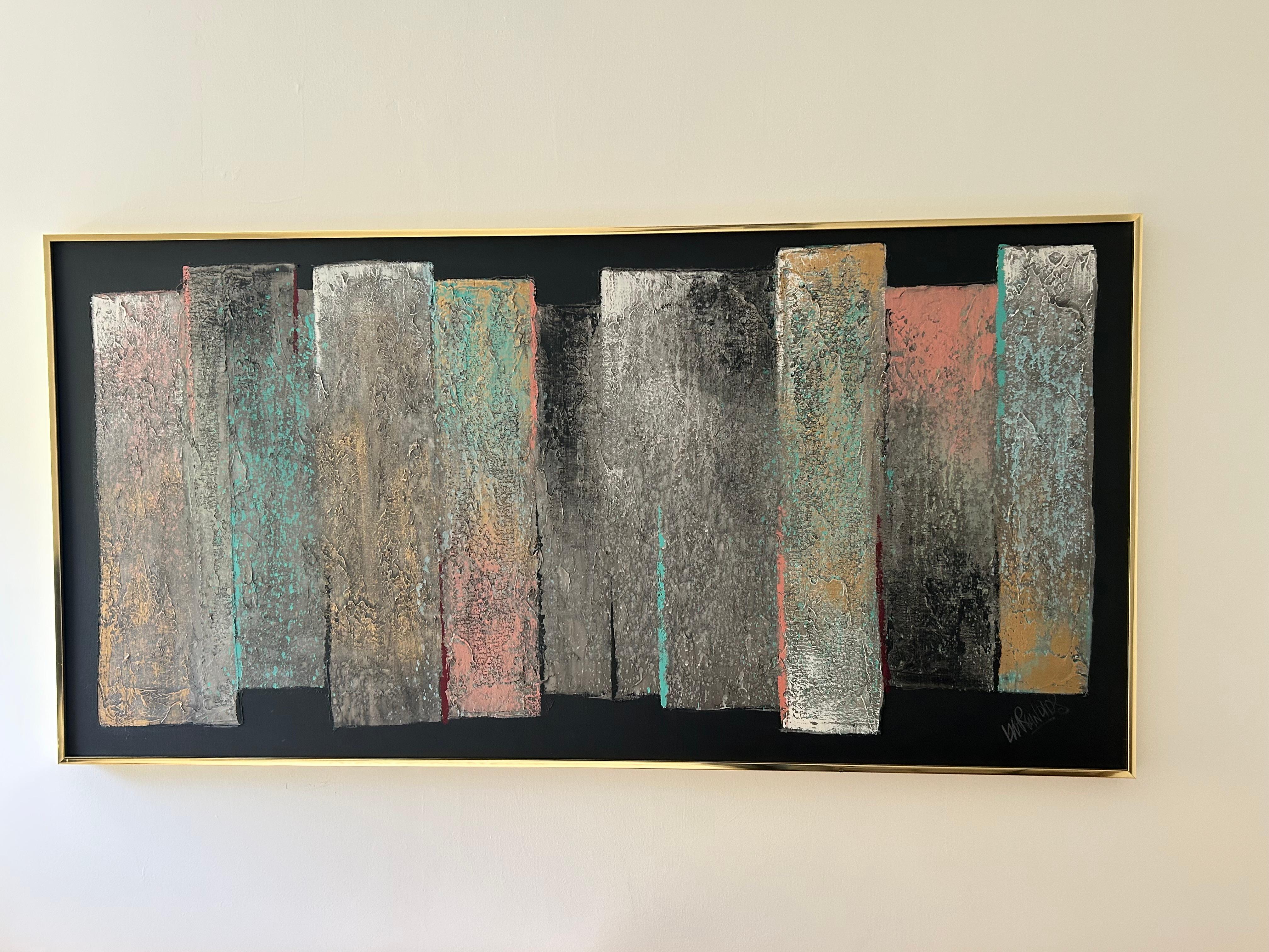 Großes abstraktes Gemälde von Lee Reynolds aus der Jahrhundertmitte mit einem polierten Aluminiumrahmen.  Komplizierte Farbpalette mit einer Kombination aus metallischem Silber, Türkis, Rost, Gold und Koralle.  Dieses Gemälde hat eine texturale