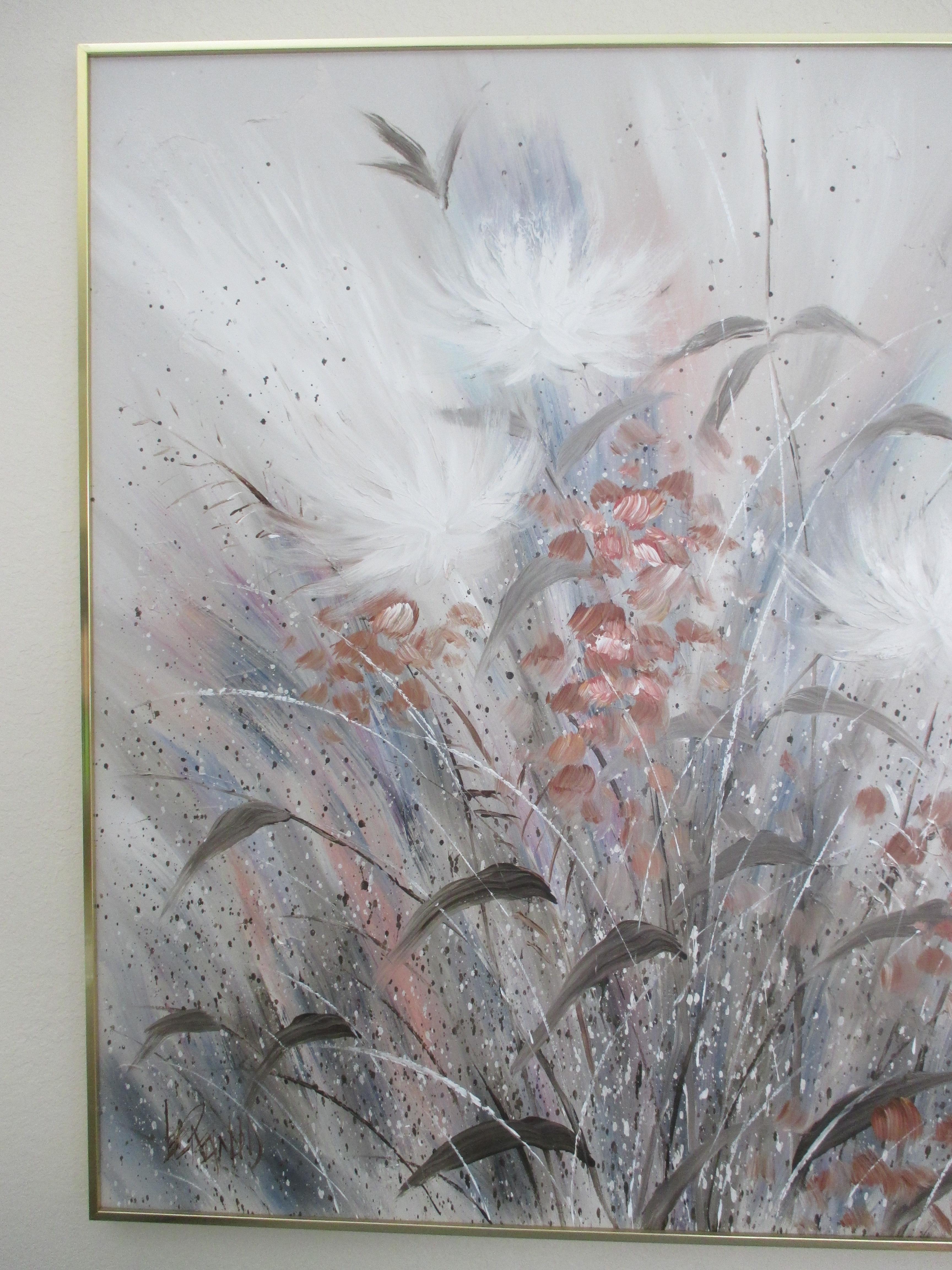 Beautiful oversized Lee Reynolds acrylic floral painting with texture on canvas. Painting has a gold metal frame and is signed in bottom left corner. Hanging hardware is attached.