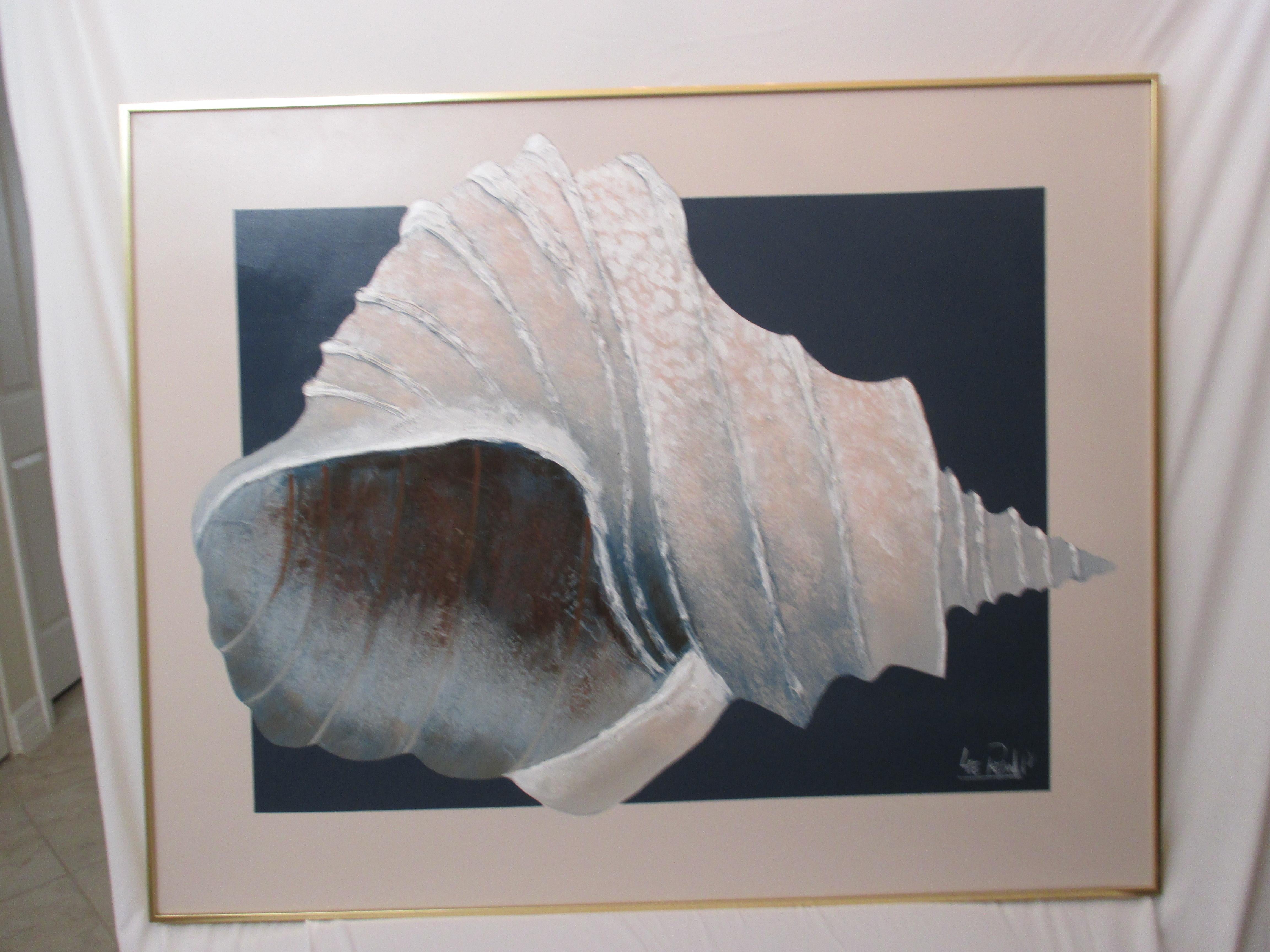 Oversized Lee Reynolds acrylic seashell painting with magnificent texture on canvas. Painting is signed in bottom right corner. Hanging hardware is attached.