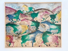 Dipinto a olio vintage di Lee Reynolds raffigurante cavalli del Sud-Ovest in stile MCM e soggetti nativi americani