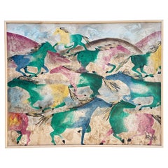 Quadro d'epoca di Lee Reynolds: cavalli del Sud-Ovest, stile Mid-Century, tema dei nativi americani, a olio