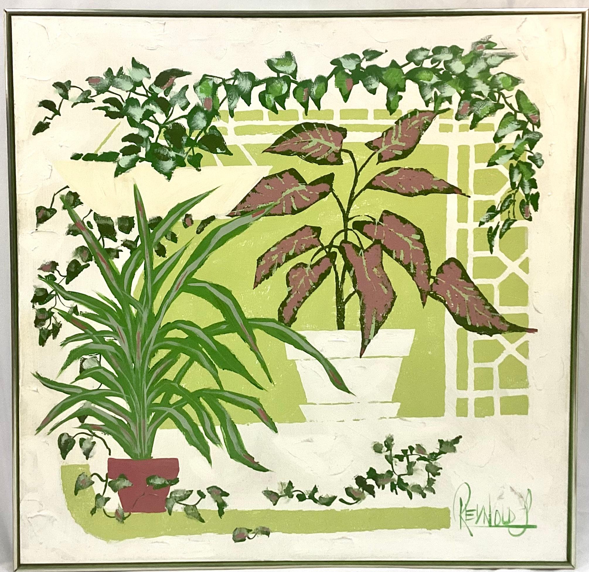 Grande peinture à l'huile vintage du Studio Vanguard de Lee Reynold datant des années 1960 ou 1970. Couleurs vives vertes, blanches et violettes des Coleus en pot et des feuilles de plantes. Elle serait parfaite dans n'importe quelle pièce, en