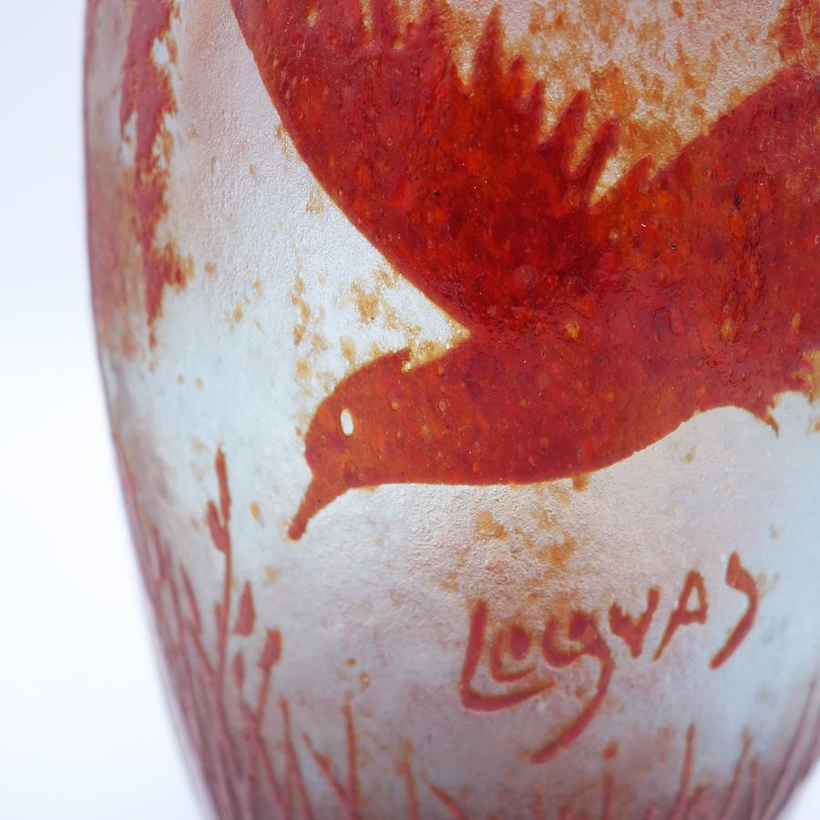 Buriné Vase en verre d'art vintage Legras avec camée d'oiseaux faisans gravés, France 1925