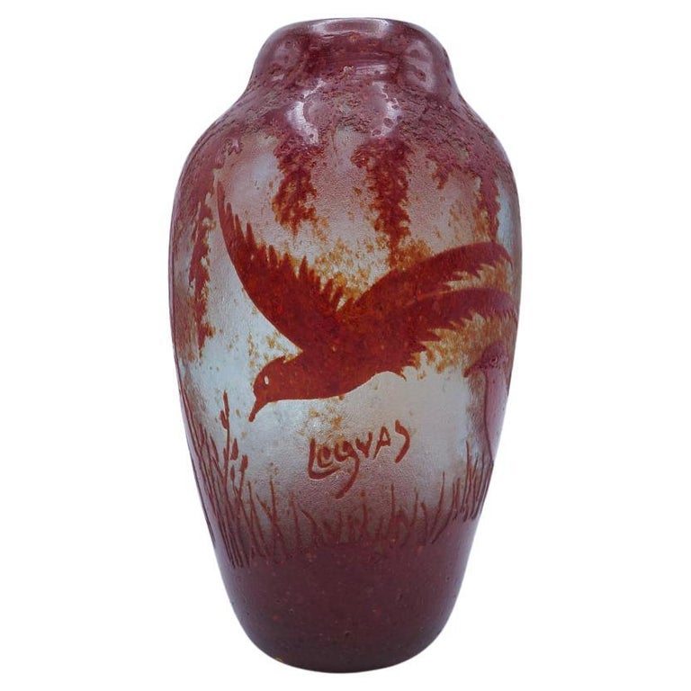 Vintage Legras Cameo Etched Pheasant Birds Art Glass Vase France 1925 For Sale