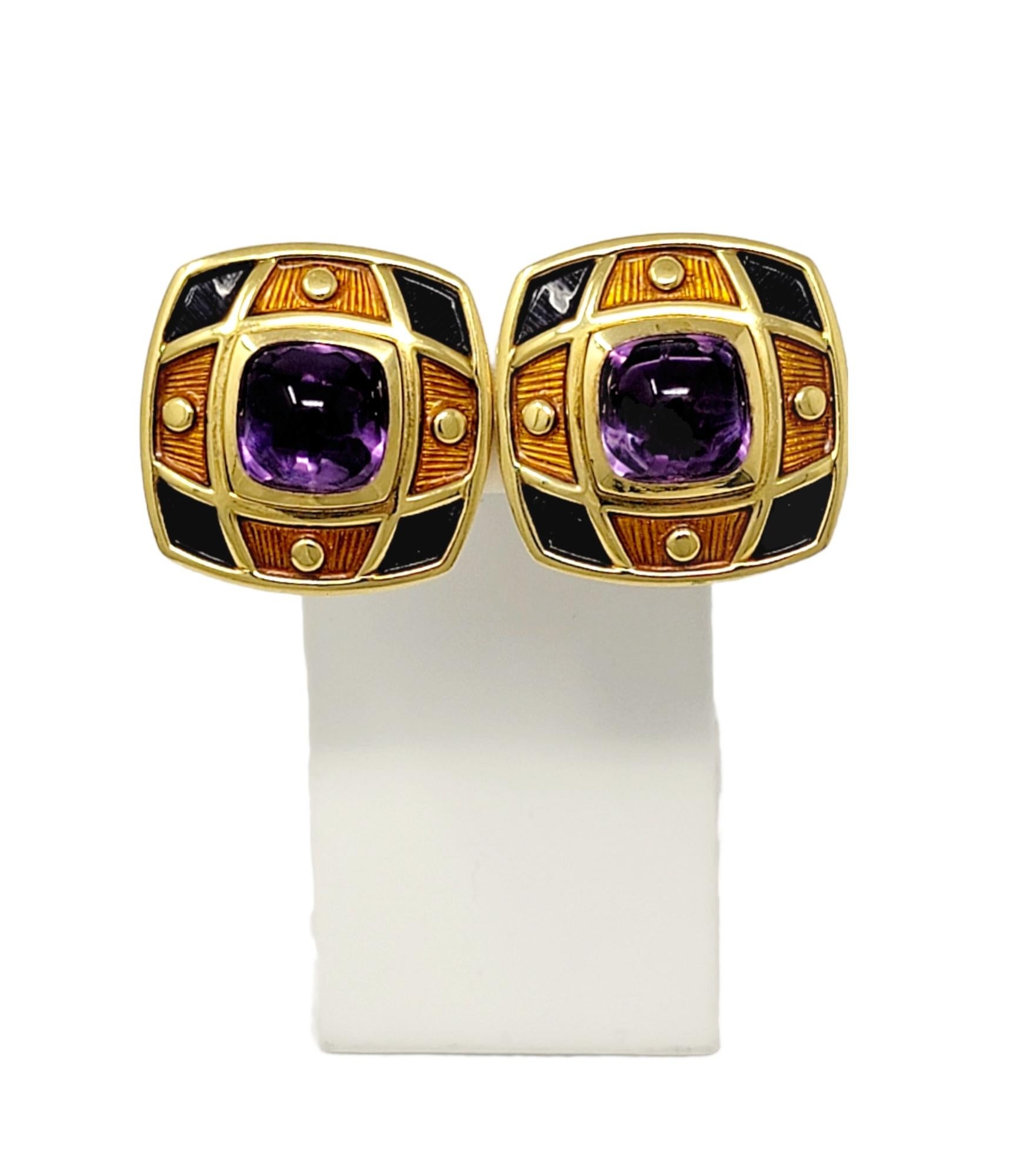 These striking amethyst earrings from designer Leo de Vroomen are absolutely gorgeous. Bold in both size and design, these colorful vintage beauties are accented with polished yellow gold and textured enamel. Made for any ear, these clip-on earrings