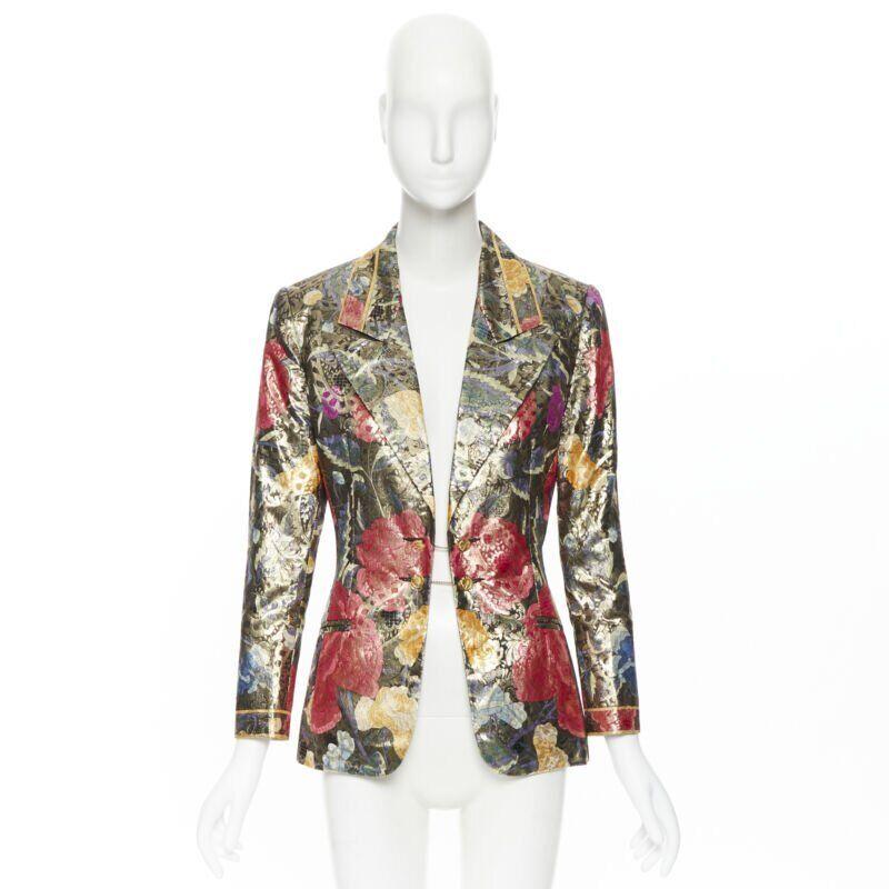 vintage LEONARD 90s oriental floral gold lurex sheen chained button blazer FR38 In Excellent Condition In Hong Kong, NT