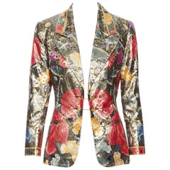 Vintage LEONARD 90s oriental floral gold lurex sheen chained button blazer FR38