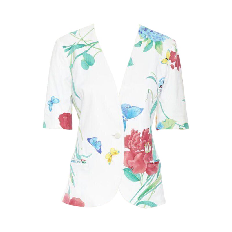 LEONARD Veste à manches courtes vintage des années 90, blanche, imprimé floral et papillon oriental