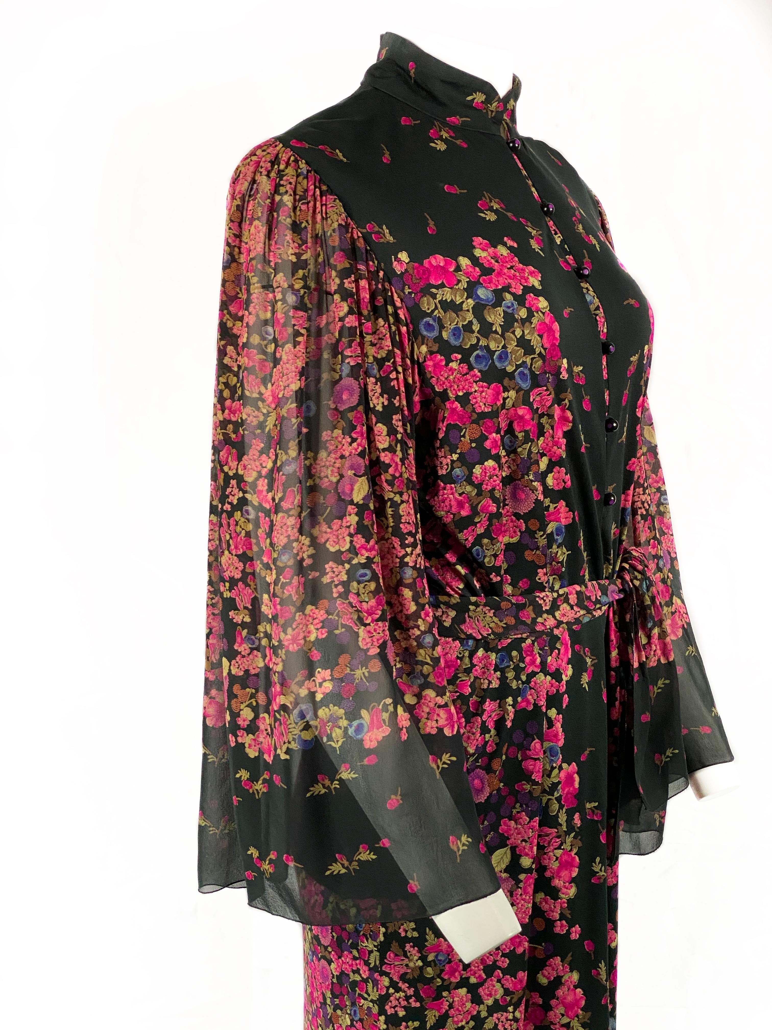 Vintage LEONARD Black and Pink Floral Maxi Dress w/ Belt  In Excellent Condition For Sale In Beverly Hills, CA