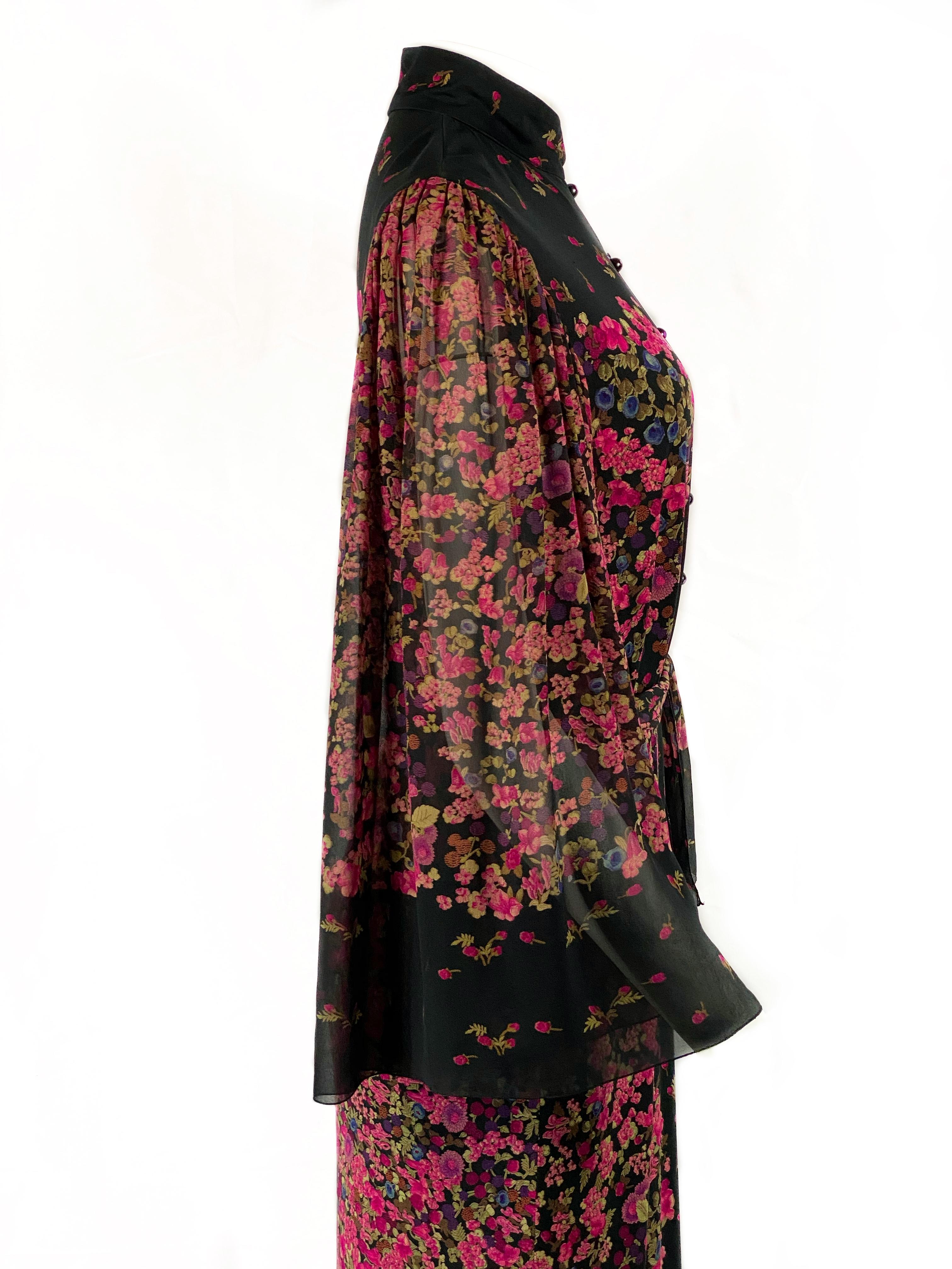 Vintage LEONARD Black and Pink Floral Maxi Dress w/ Belt  For Sale 1