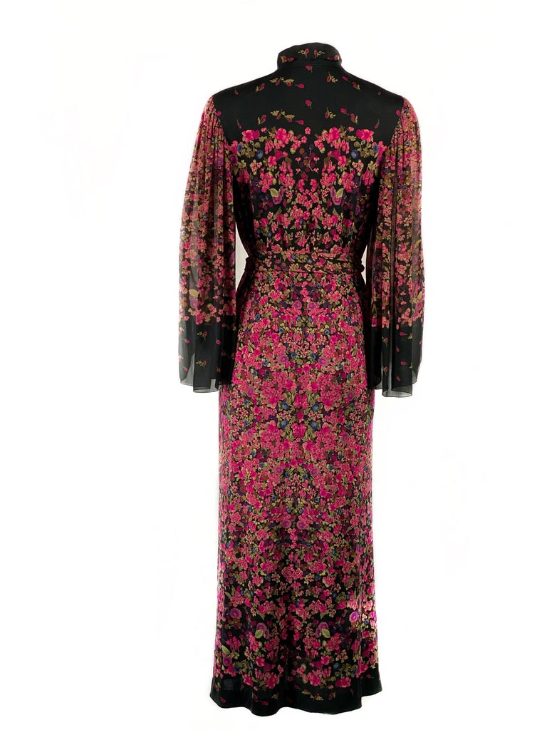 Vintage LEONARD Black and Pink Floral Maxi Dress w/ Belt For Sale at ...