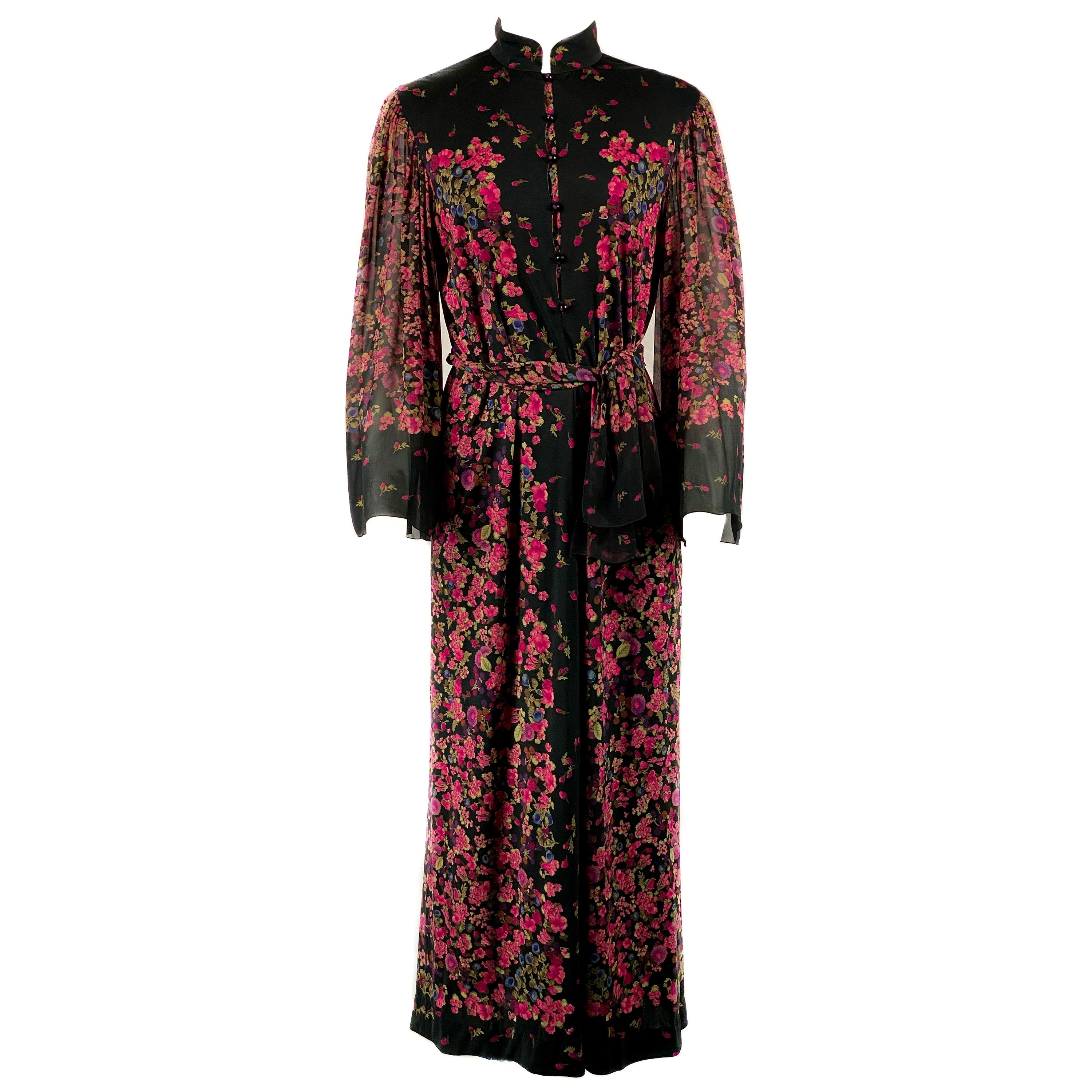 Vintage LEONARD Black and Pink Floral Maxi Dress w/ Belt  For Sale