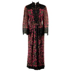 Vintage LEONARD Black and Pink Floral Maxi Dress w/ Belt