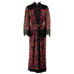 LEONARD - Robe longue vintage à fleurs noires et roses avec ceinture 