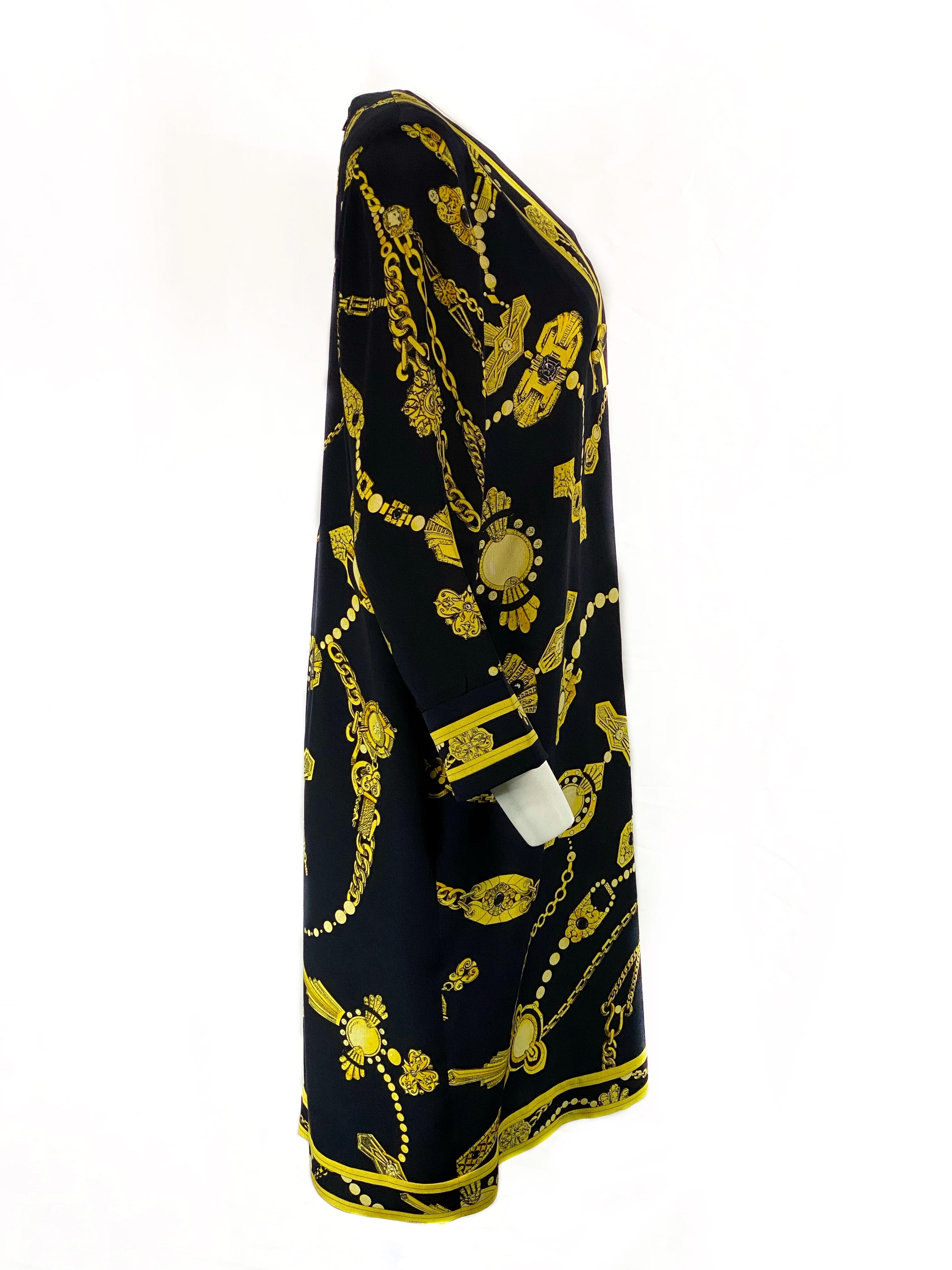 Vintage LEONARD Black and Yellow V- Neck Mini Dress 

Product details:
100% Silk
Black with yellow chain print and LEONARD stamps
V- neck, measures 9 inches long with 3 large buttons detail, the diameter is 1.5 inches each 
One pocket on each side