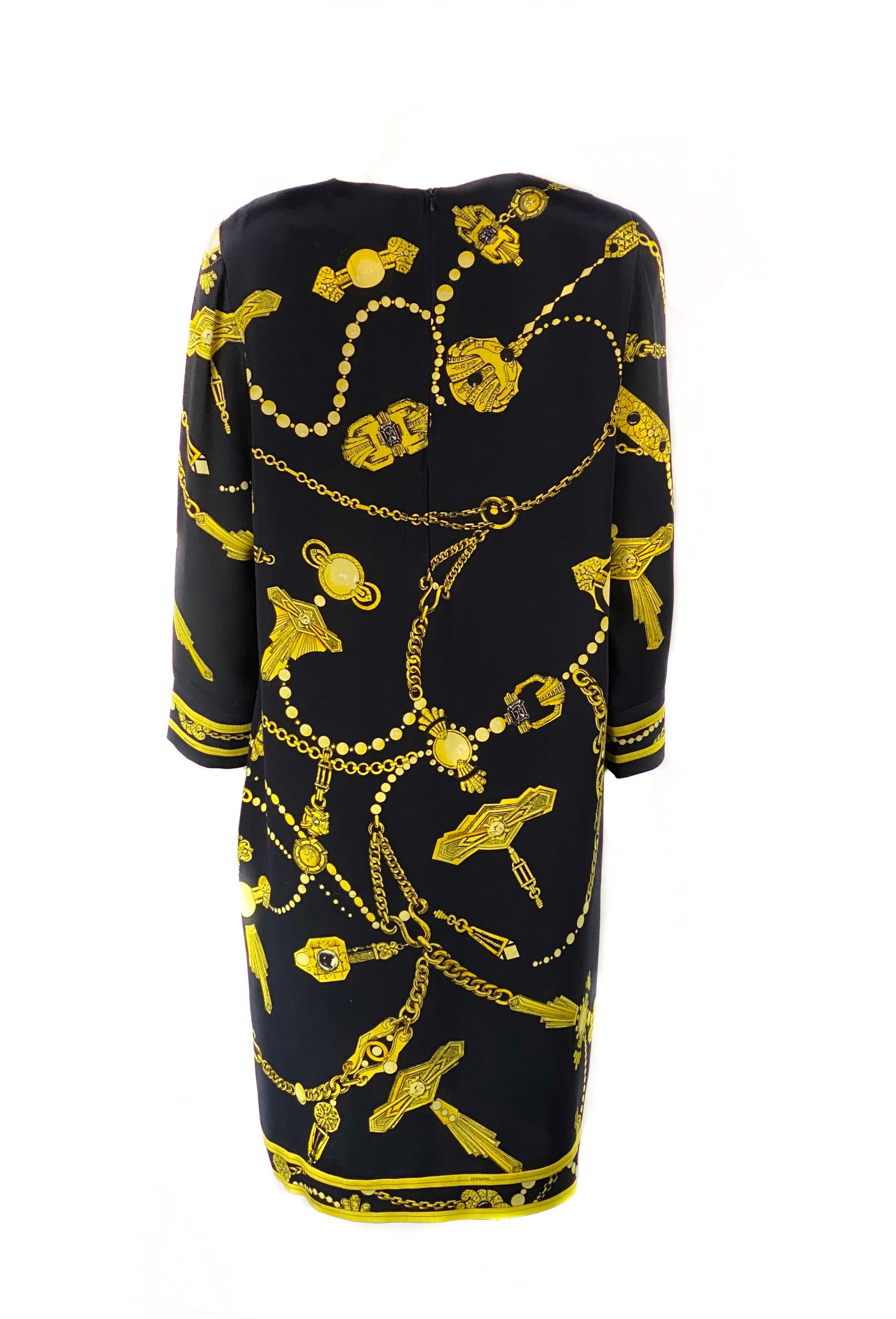 Vintage LEONARD Black and Yellow V- Neck Mini Dress  In Excellent Condition For Sale In Beverly Hills, CA