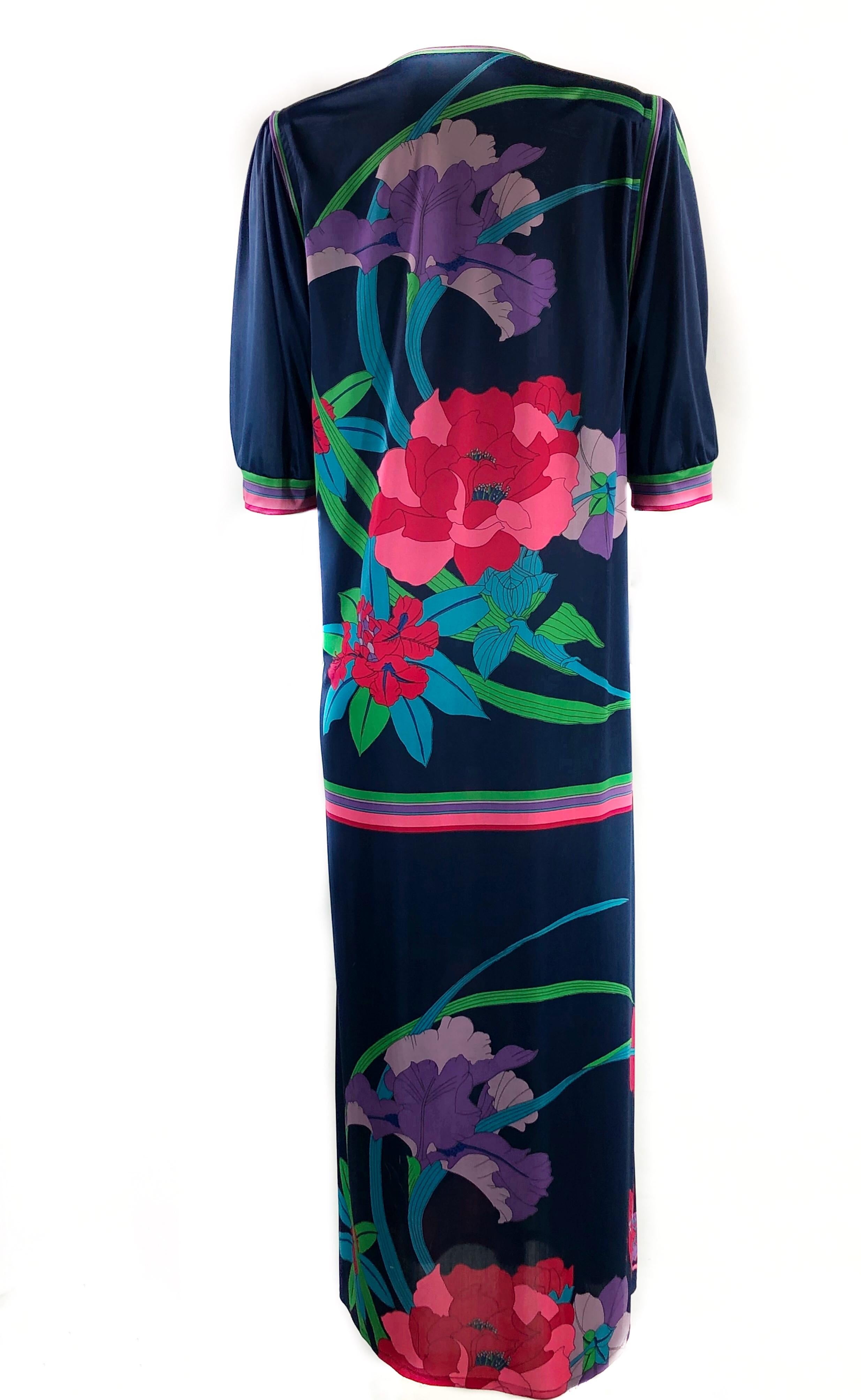 Vintage LEONARD Dark Blue/ Navy Floral 3/4 Sleeve Belted Maxi Dress 5
