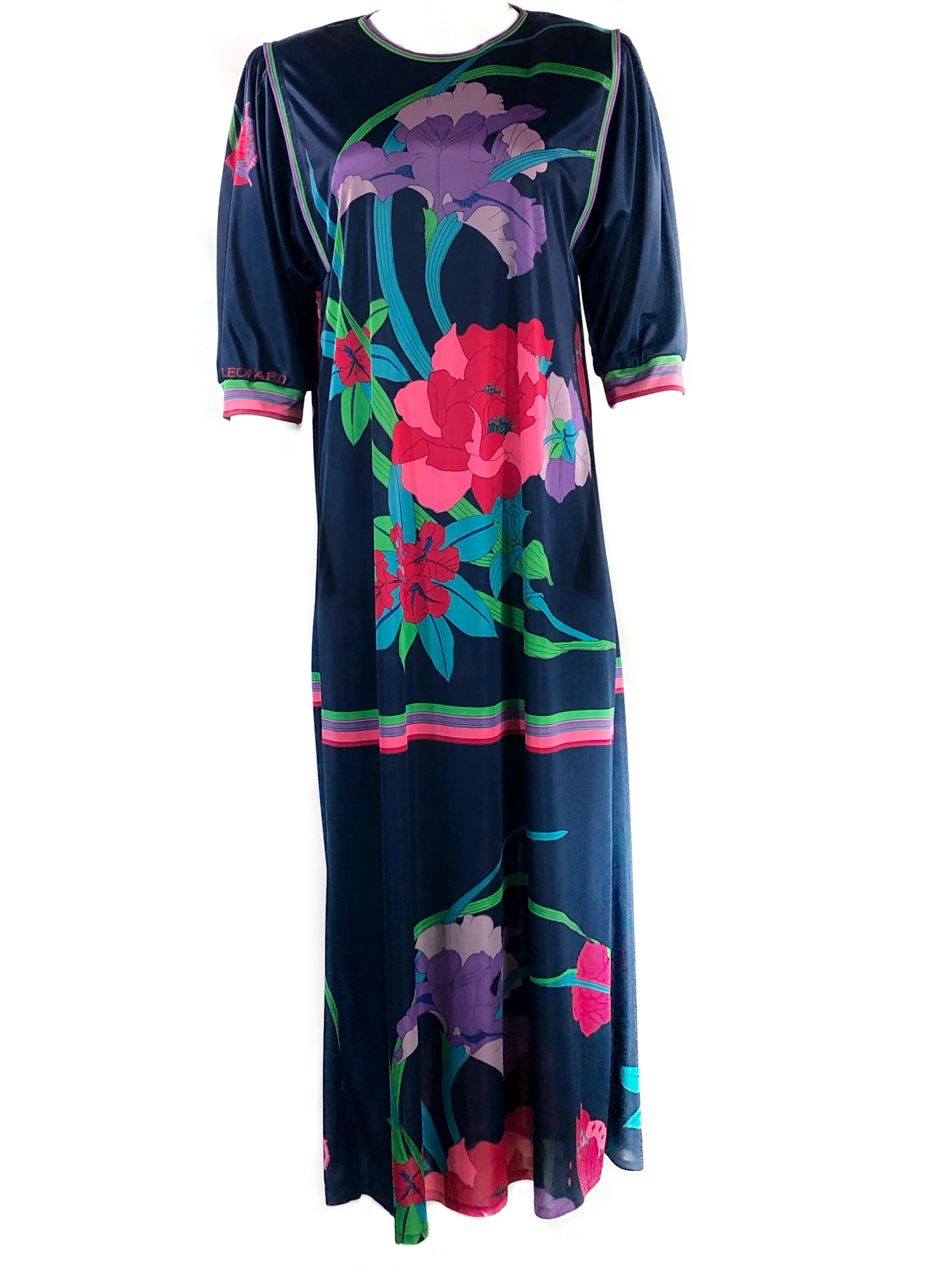 Vintage LEONARD Dark Blue/ Navy Floral 3/4 Sleeve Belted Maxi Dress 1