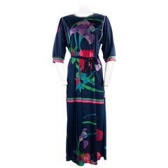 Vintage LEONARD Dark Blue/ Navy Floral 3/4 Sleeve Belted Maxi Dress