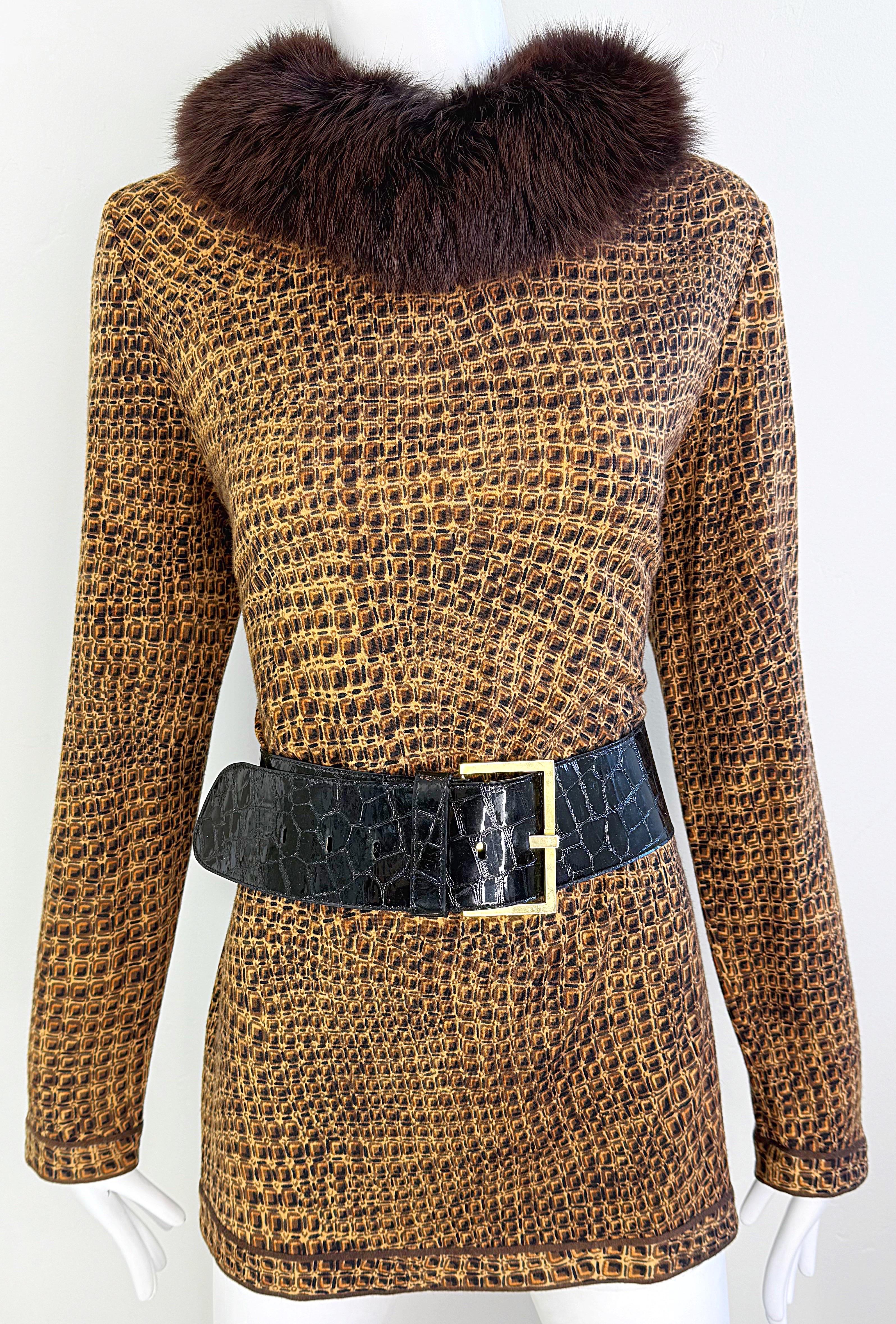 Vintage Leonard of Paris anni '90 Taglia 44 Stampa coccodrillo Colletto in pelliccia di volpe anni '90 Maglione Top in vendita 10