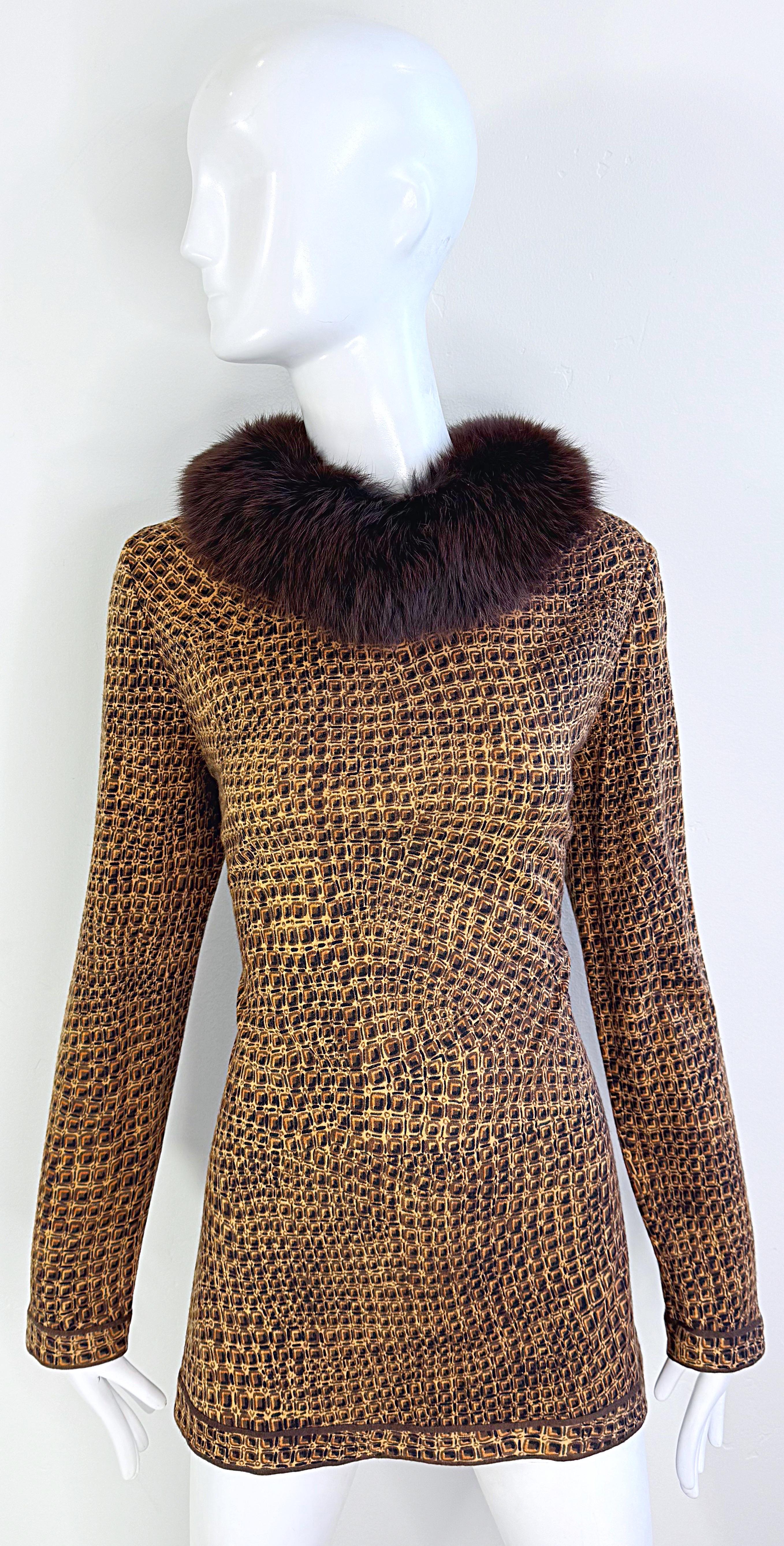 Marrone Vintage Leonard of Paris anni '90 Taglia 44 Stampa coccodrillo Colletto in pelliccia di volpe anni '90 Maglione Top in vendita