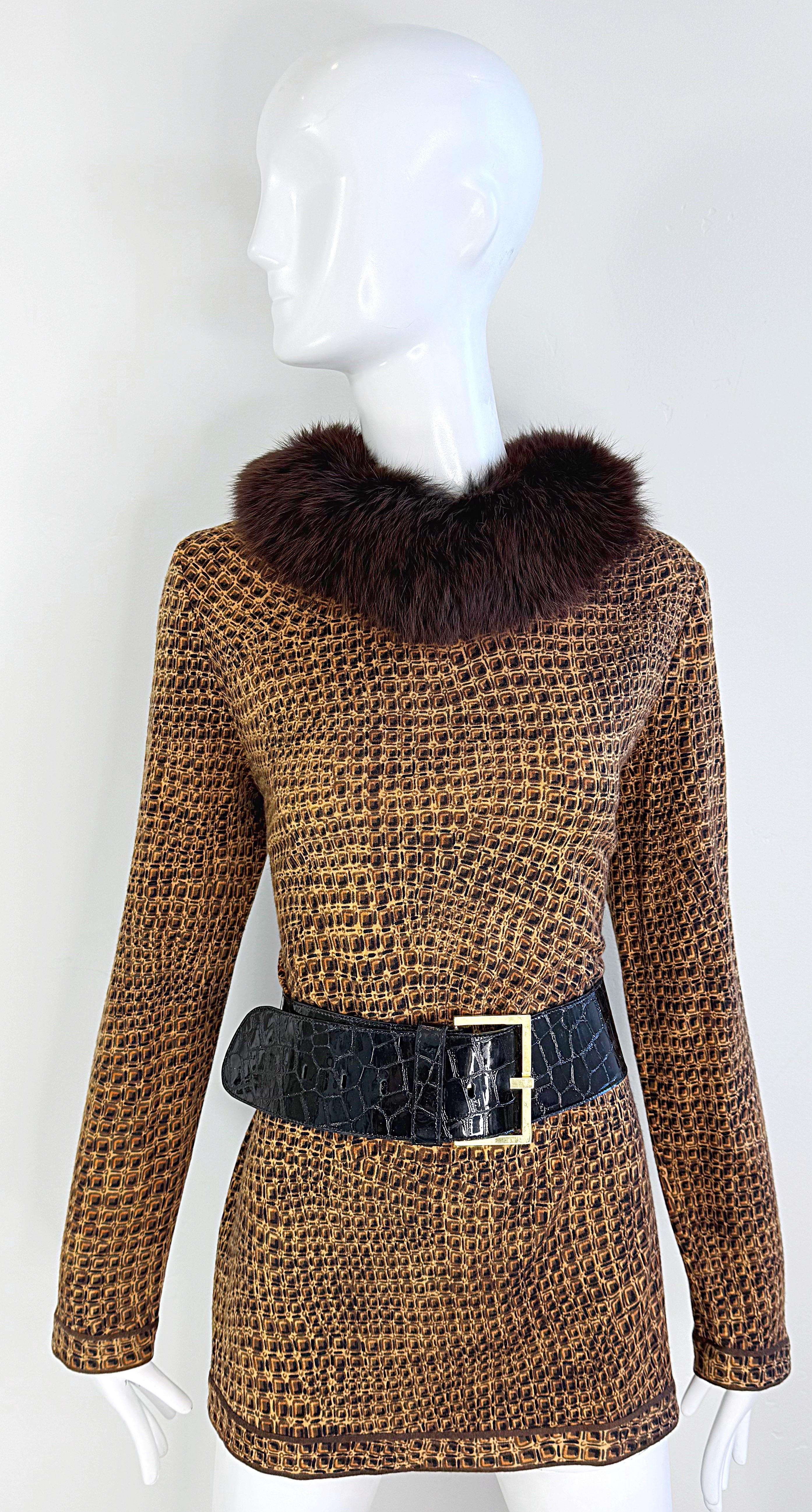 Vintage Leonard of Paris anni '90 Taglia 44 Stampa coccodrillo Colletto in pelliccia di volpe anni '90 Maglione Top in vendita 2