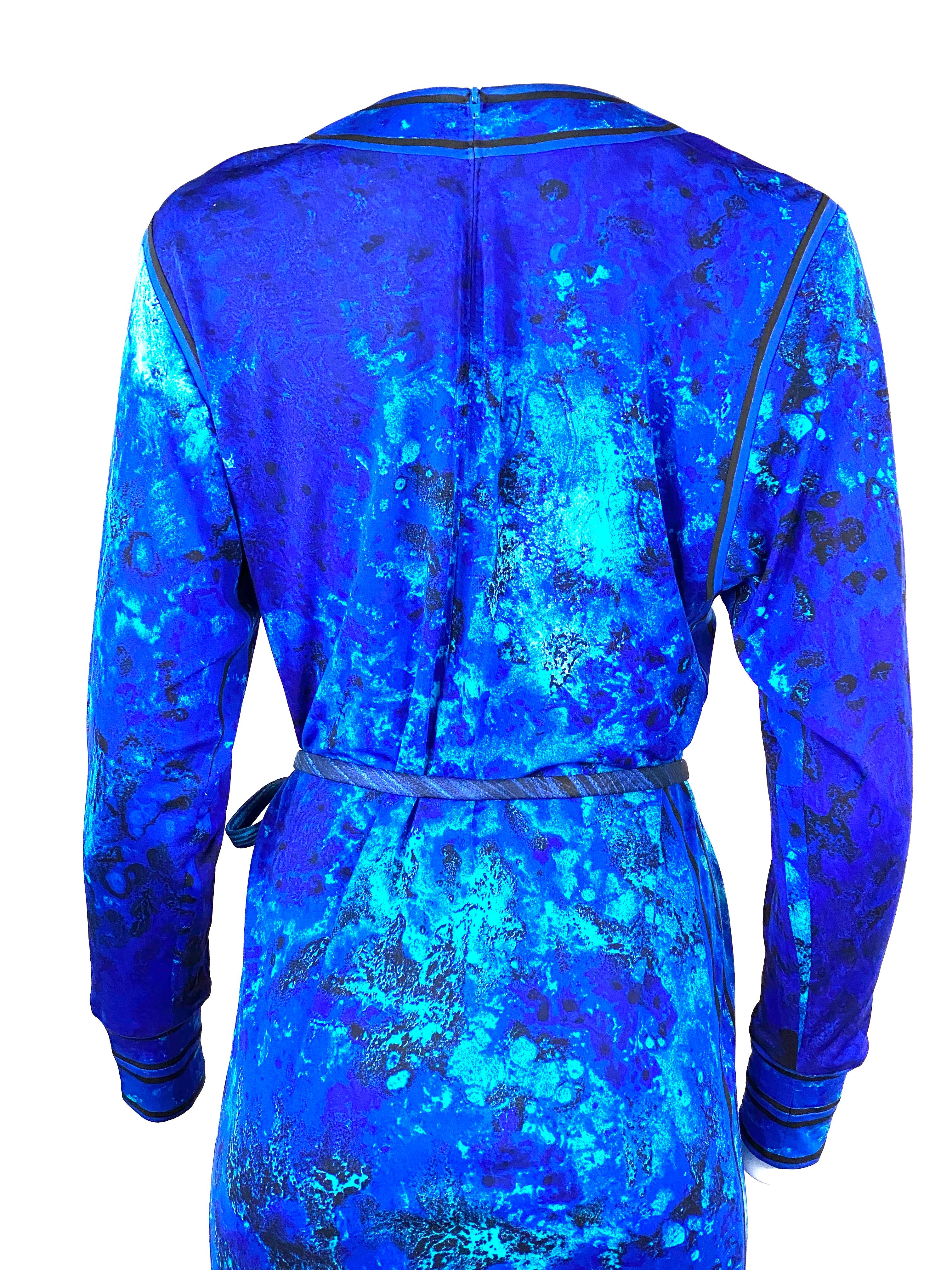 Vintage LEONARD Paris Blue Aqua Vestito midi a maniche lunghe con cintura in vendita 3