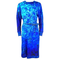 Retro LEONARD Paris Blue Aqua Long Sleeves Midi Dress w/ Belt 